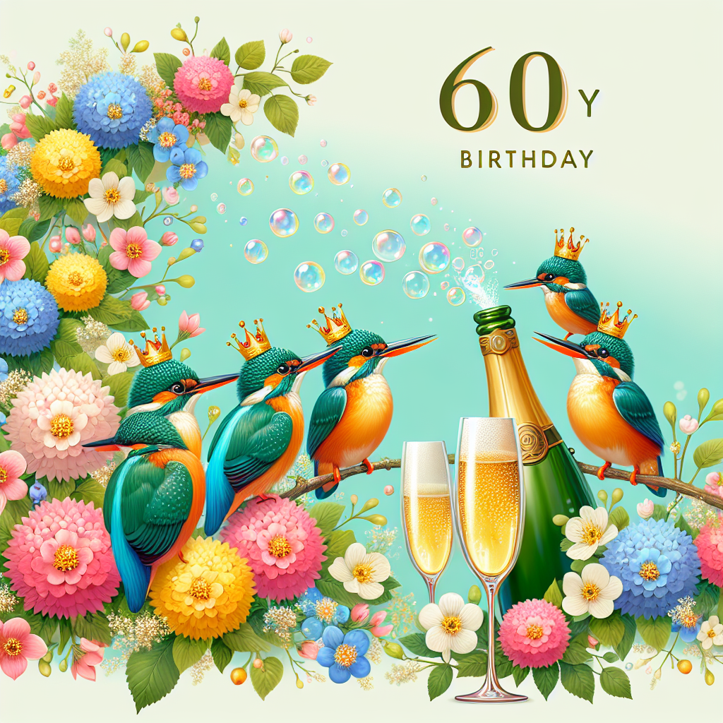 Create a charming, birthday-themed illustration to symbolize the grand celebration of a 60-year milestone. The image showcases a cheerful group of brightly colored kingfishers, each one situated close to clusters of full-bloomed springtime flowers. There's a feeling of festivity in the air, with bubbles effervescently rising out of a champagne bottle, and elegant flutes on standby for a cheerful toast. The overall scene radiates joy and elegance, making it ideal for commemorating a unique spring birthday.
Generated with these themes: 60, Kingfishers, Spring rloers, and Champagne .
Made with ❤️ by AI.