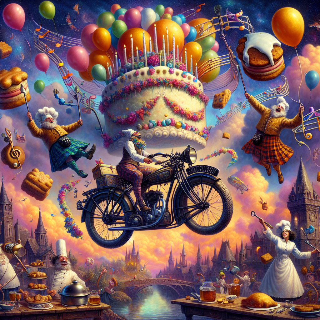 Create a dreamlike artwork that captures a spirited birthday gathering in a surreal setting inspired by Scotland. A Victorian motorcycle, bedecked with balloons and vibrant garlands, glides through a sky populated with floating music staves and whimsical notes. Riding the soaring bike is a figure, a Hispanic female clad in traditional chef's attire, leading the celestial parade. Underneath, an unearthly cake that mirrors a castle gets a unique design made of layers of Scottish shortbread and haggis, dominating the bizarre festivity. Infusing the scene with even more whimsy, mythical creatures are seen playing cooking instruments, cleverly merging the familiar sounds of a bustling kitchen with the harmonious melodies of birthday joy.
Generated with these themes: Motorcycle , Music, Scotland , Cake, and Cooking.
Made with ❤️ by AI.
