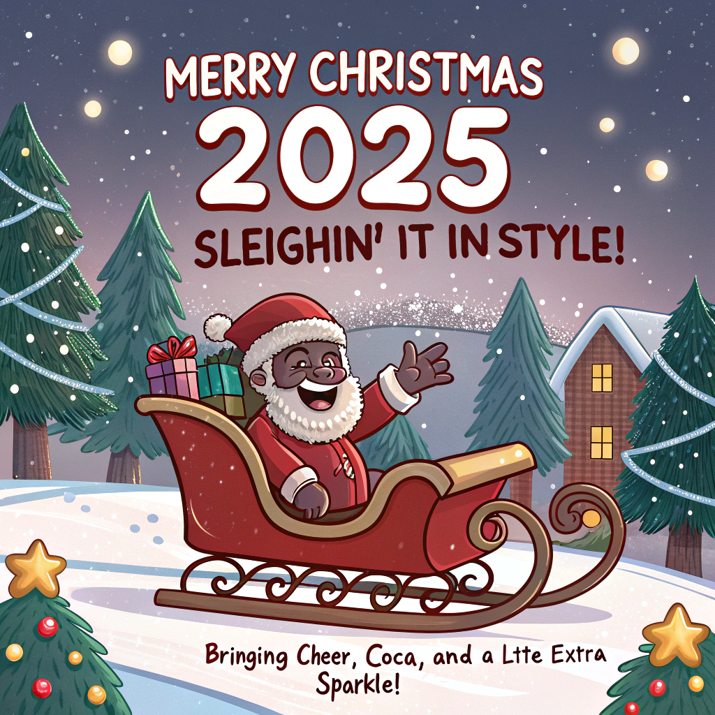 At the top of the image, **"Merry Christmas 2025 – Sleighin’ It in Style!"**  

At the bottom of the image, **"Bringing cheer, cocoa, and a little extra sparkle!"**  

- In the center, create a vibrant, playful cartoon-style winter holiday scene with bold outlines and rich, saturated colors.  
- Feature an African American Santa Claus with a big, jolly grin, dressed in a classic red suit with quirky oversized mittens, riding a sleigh piled high with brightly wrapped gifts.  
- The sleigh is gliding past a cozy log cabin in the snowy woods, its windows glowing golden with warmth.  
- In the background, a charming vintage-style holiday market bustles with cartoon vendors selling candy canes, hot cocoa, and ornaments under twinkling Christmas lights.  
- Snowy streets are dotted with cheerful townsfolk in colorful scarves, oversized hats, and exaggerated, bouncy poses.  
- Add whimsical touches like reindeer with festive sweaters, candy-striped signposts, and little birds wearing tiny Santa hats.
Generated with these themes: CHRISTMAS , and .
Made with ❤️ by AI.