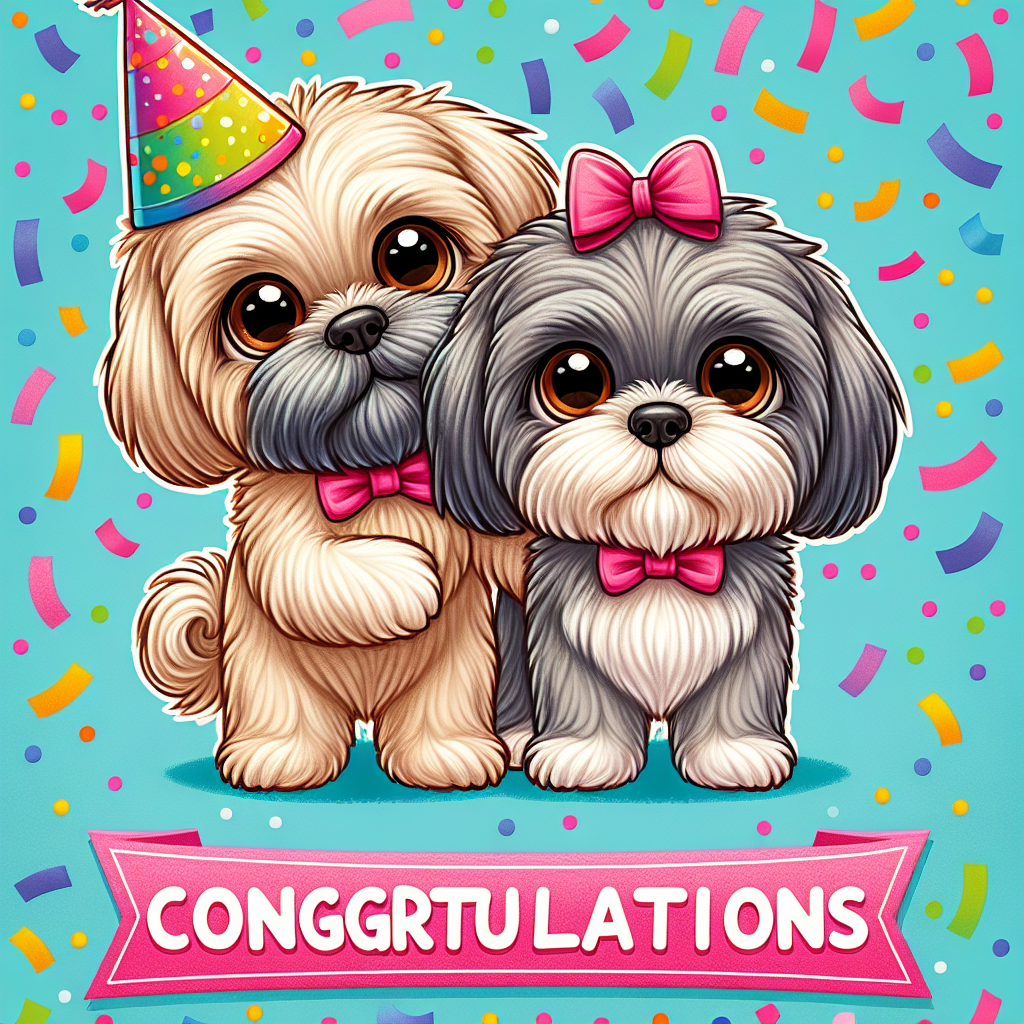 Create a charming cartoon-style illustration featuring two Shih Tzu dogs with average builds. One dog has a beige coat and the other sports a grey coat, but both have brown eyes that exude enthusiasm. They stand against a vibrant confetti background. The grey-coated Shih Tzu manages to dextrously balance a festive 'Congratulations' sign atop its head. The beige-coated Shih Tzu can be seen playfully nudging the other dog, thus amplifying the celebratory vibe of the illustration.
.
Made with ❤️ by AI.