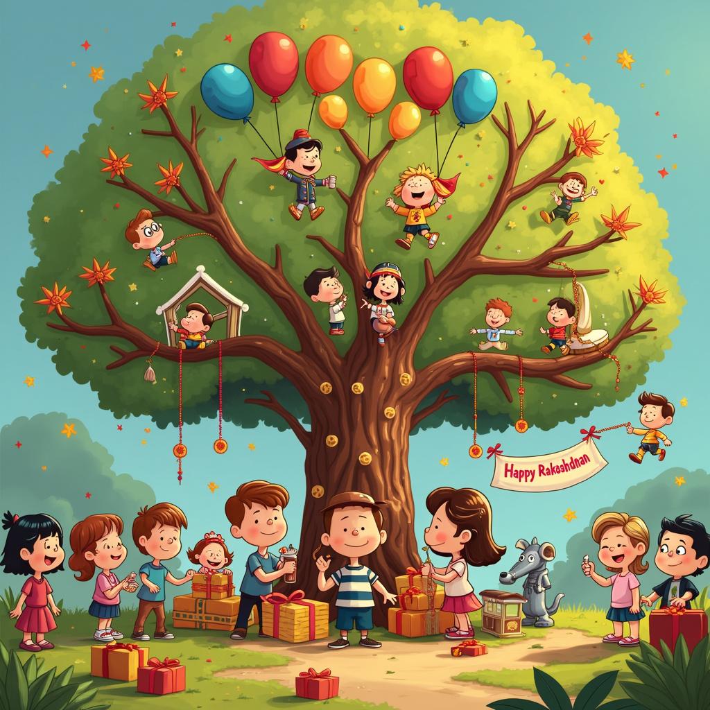 In the vibrant birthday greeting card scene, the essence of a classic cartoon merges seamlessly with the festive spirit of Rakshabandhan. At the heart of it all stands a whimsical cake tree, its branches adorned with various decorations that celebrate the beautiful bond of siblings. One branch showcases caricatures of the Peanuts gang, all sporting Rakhi threads as they float away like balloons, while robotic arms inspired by Astro Boy delicately tie colorful Rakhis around them, symbolizing the harmonious blend of technology and tradition. Below this enchanting tree, a Disney-esque parade comes to life, featuring cartoon brothers from diverse backgrounds, ranging from brave knights to adventurous astronauts, all marching in joyful formation, their wrists proudly displaying Rakhis. On the sidelines, playful look-alikes of Calvin and Hobbes partake in some Rakhi mischief, with Hobbes attempting to fasten a Rakhi onto Calvin. Adding an offbeat charm, anthropomorphic animals, humorously dressed as siblings, engage in exchanging rakhi bands, reminiscent of a Larson comic. Standing by the cake tree, a Tintin-inspired sister dressed as a reporter takes on the role of the narrator, diligently writing 'Happy Rakshabandhan' on a giant banner that hangs down from the branches. A variety of presents, adorned with exaggerated, bow-tied ribbons echoing Eisner's dynamic artistry, rest at her feet, hinting at gifts for her brothers. Above them, a dreamscape inspired by Little Nemo unfolds in the sky, depicting dream-brothers embracing their sister, with poignant, simple lines reminiscent of Art Spiegelman expressing silent gratitude. Crowned by the whimsicality of McCay's dream world, the entire scene beautifully symbolizes the love and protection inherent in the celebration of Rakshabandhan.

Made with ❤️ by AI. 
Generated with these themes: Celebrating Rakshabandhan, brotherhood, love from sister.