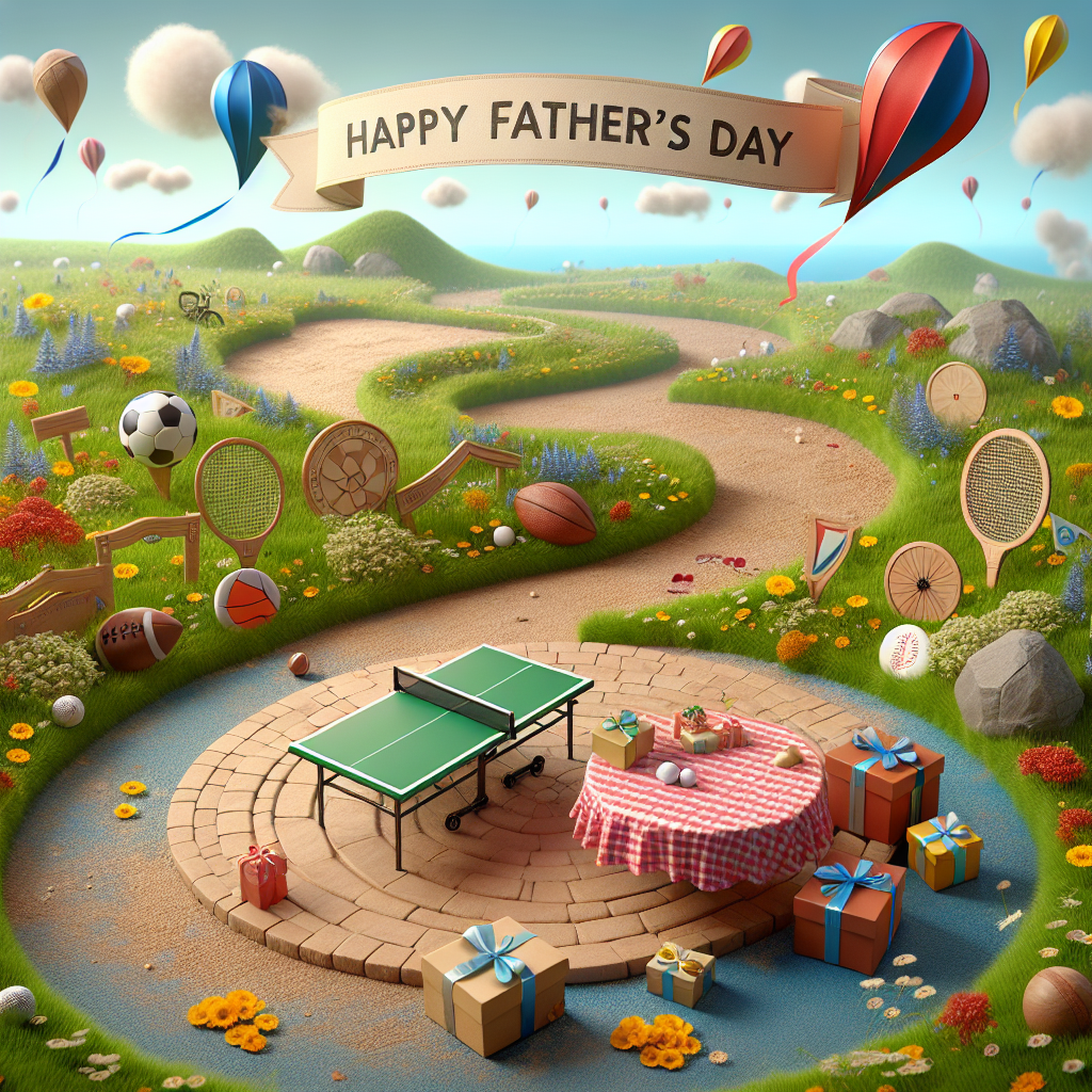 An animated scene showcasing a twisting dirt pathway similar to a hiking trail, adorned with vibrant wildflowers and waymarkers themed around sports – one portrays a football, another resembles a cricket bat. This pathway concludes at a circular table draped in a checkered cloth, where a Ping-Pong set is carefully set amongst an array of petite, exquisitely wrapped gifts. Above, kites brandishing football and cricket themes rise against a backdrop of a sky, where the words 'Happy Father’s Day' emerge written in a font reminiscent of fluffy clouds.
Generated with these themes: Hiking, Table tennis , Football , and Cricket.
Made with ❤️ by AI.