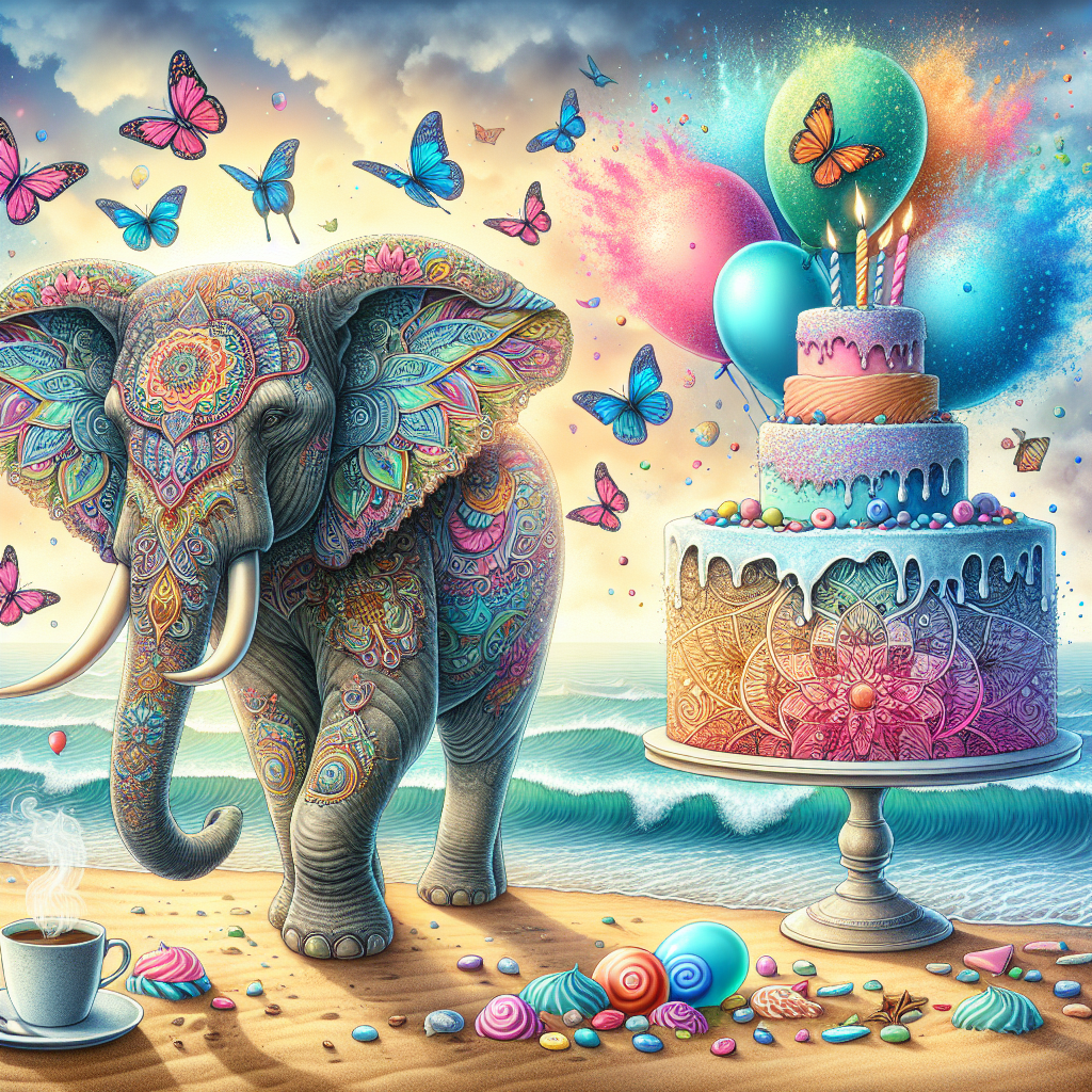 Create an image of a dreamy seaside birthday scene. A majestic elephant, large in size and covered in intricate mandala designs, calmly stands. Around it, vibrant butterflies and splashes of candy-colored hues appear to rise like balloons. The elephant, with elegance, balances a steaming coffee cup on its trunk, suggesting tranquility within the enchanting pandemonium. There is a elaborately adorned birthday cake at the center of the scene, with ocean waves caressing its base subtly melding the sandy beach with the sugary delight.
Generated with these themes: Butterfly , Coffee, Ocean, Elephant , Mandala, Candy, and Cake.
Made with ❤️ by AI.
