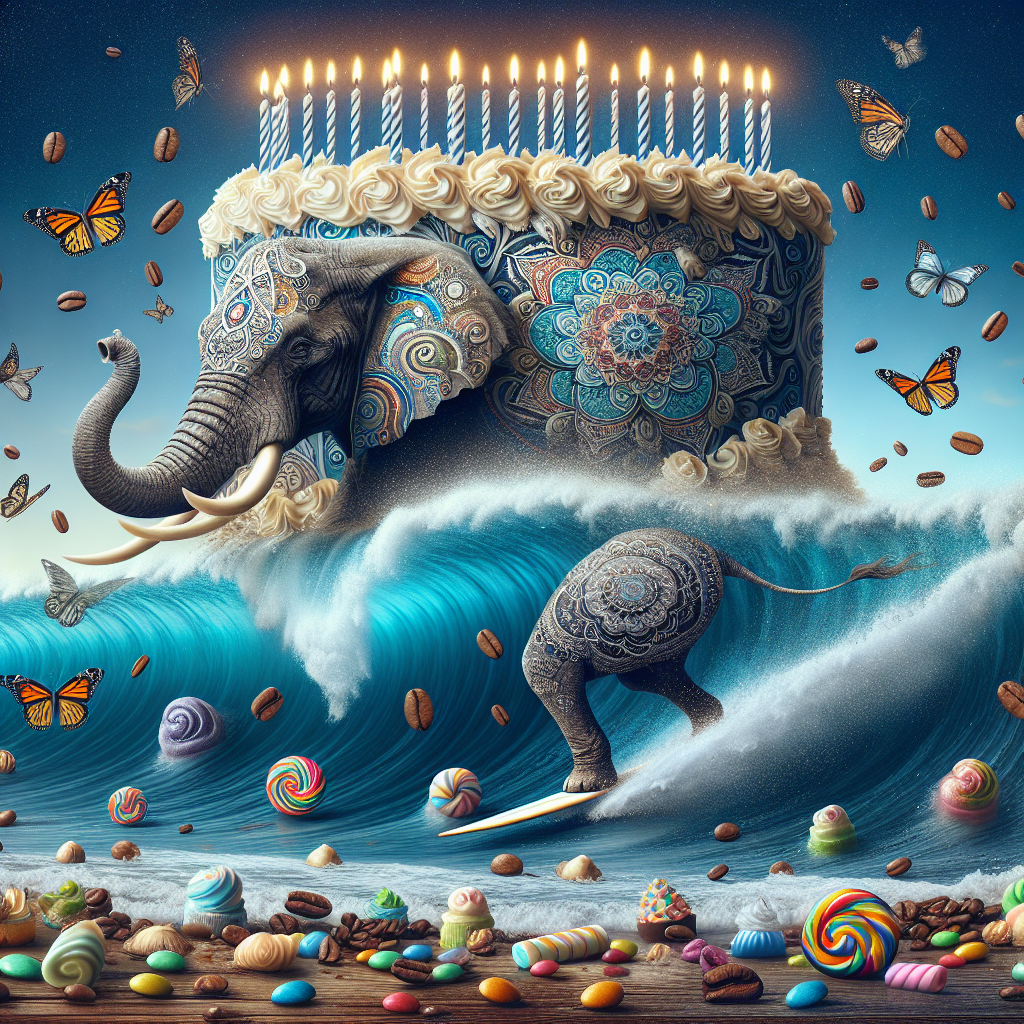 Envision a surreal scene to celebrate a birthday. An elephant surfs on the sparkling waves of a deep blue ocean, its skin adorned with detailed mandala designs. The crests of the waves take on the form of a magnificent cake, with candles flickering brightly like distant lighthouses. Butterflies burst forth from the layers of this colossal cake, flitting around amidst a shower of aromatic coffee beans. Candy pieces, whimsical and colourful, are scattered across the horizon as if they were curious seashells. With a trumpeting sound that radiates happiness, the elephant sets off ripples through this beautifully unusual dreamscape.
Generated with these themes: Butterfly , Coffee, Ocean, Elephant , Mandala, Candy, and Cake.
Made with ❤️ by AI.