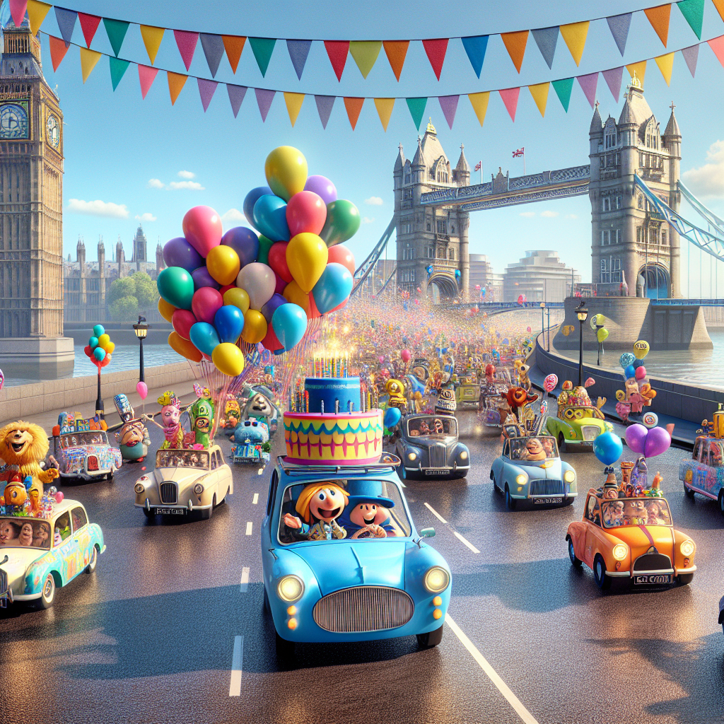 Set against the bright backdrop of a sunny day in London, a lively animated event is happening. A joyful cartoon character, imbued with low-level stylization typically associated with classical animation, is at the center of the excitement, driving a small blue car decorated with multiple multicolored balloons and streamers. The iconic Tower Bridge of London is illustrated fancifully in the back, teeming with festive birthday banners. Following the lead car is a procession of imaginatively designed cartoon vehicles, their diverse passengers enthusiastically waving and honking their colorful horns as part of the celebration. In the distance, the famous Big Ben appears, amusingly reimagined, its traditional face replaced with a happy, smiling cake.
Generated with these themes: London, and Car.
Made with ❤️ by AI.
