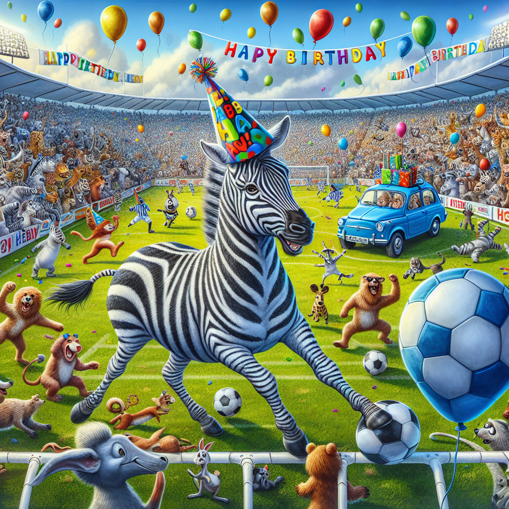 Imagine a lively soccer field with a jovial zebra as a soccer player right in the middle of a skillful dribble. The zebra stands out in its humorous persona, a comical party hat adorned at a jaunty angle on its mane. On the edges of the field, there's an exuberant crowd of diverse animals watching the game with excitement. They're gathered around a charming blue car parked somewhat away from the hustle-bustle, with banners reading 'Happy Birthday' elegantly draped over it. Above, the sky is bursting with joyful color from numerous floating balloons, intensifying the celebratory ambiance of the scene.
Generated with these themes: Zebra, Soccer, and  Car.
Made with ❤️ by AI.