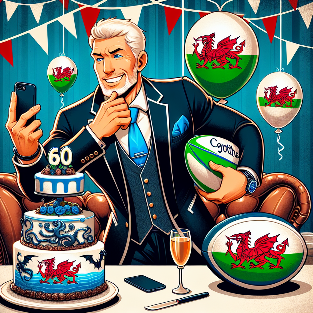 An inviting and vibrant cartoon depiction of a 60th birthday party themed around Welsh rugby. The central character, sharply dressed, adorns a hand with a luxurious nautical-themed birthday cake, and the other hand is jovially taking a selfie via a stylish mobile phone. Rugby balls decorated with the number '60' and small dragon decorations signifying Welsh culture are sprinkled around, contributing to a festive and elegant atmosphere.
Generated with these themes: 60th birthday, Welsh rugby, Luxury boat, and Mobile phone.
Made with ❤️ by AI.