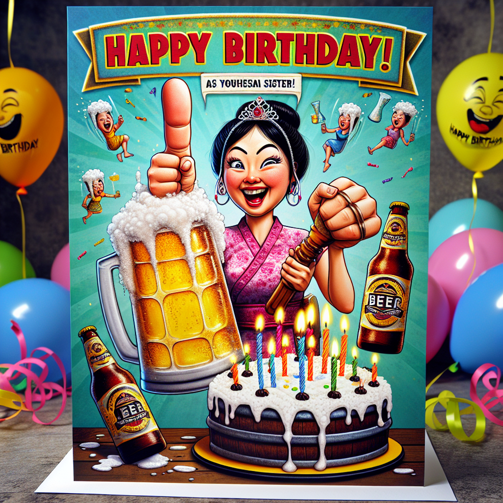 A humorous birthday card announces a celebratory scene. A cartoon character, an East-Asian woman portrayed as a jovial sister, is equipped with an exaggerated foam finger. She grips a mug brimming with frothy beer. Surrounding her are balloons imprinted with playful depictions of beer mugs, bobbing in the invisible currents. Nestled in the foreground, a beer keg cake takes the stage, topped with lit candles that flicker with excitement. Accompanying accents of the scene, vibrant streamers and a 'Happy Birthday' banner, usher bursts of color in the backdrop.
Generated with these themes: Sister beer.
Made with ❤️ by AI.
