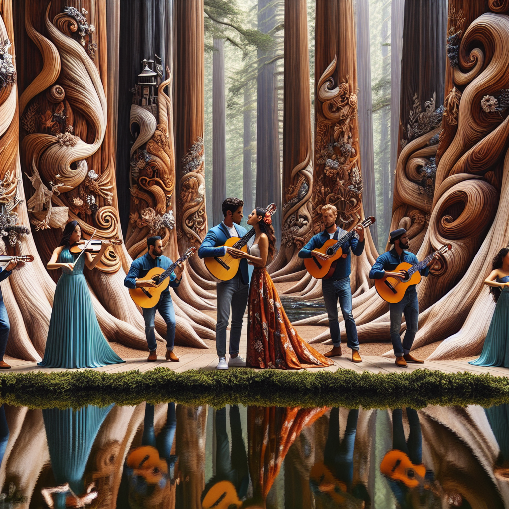For their anniversary, a couple of Hispanic man and South Asian woman are serenaded by a diverse group of musicians including a Middle-Eastern woman, a Caucasian man, and a Black man, each orchestrating an acoustic guitar beside a tranquil lake which mirrors towering trees. The decor merges vibrantly with nature, incorporating influences of wooden hues and marine blues symbolizing their surfing passion. The tree trunks are embellished with sophisticated engravings of undulating patterns, narrating the tales of their past exciting journeys.
Generated with these themes: Guitars, Surfing, and Trees.
Made with ❤️ by AI.