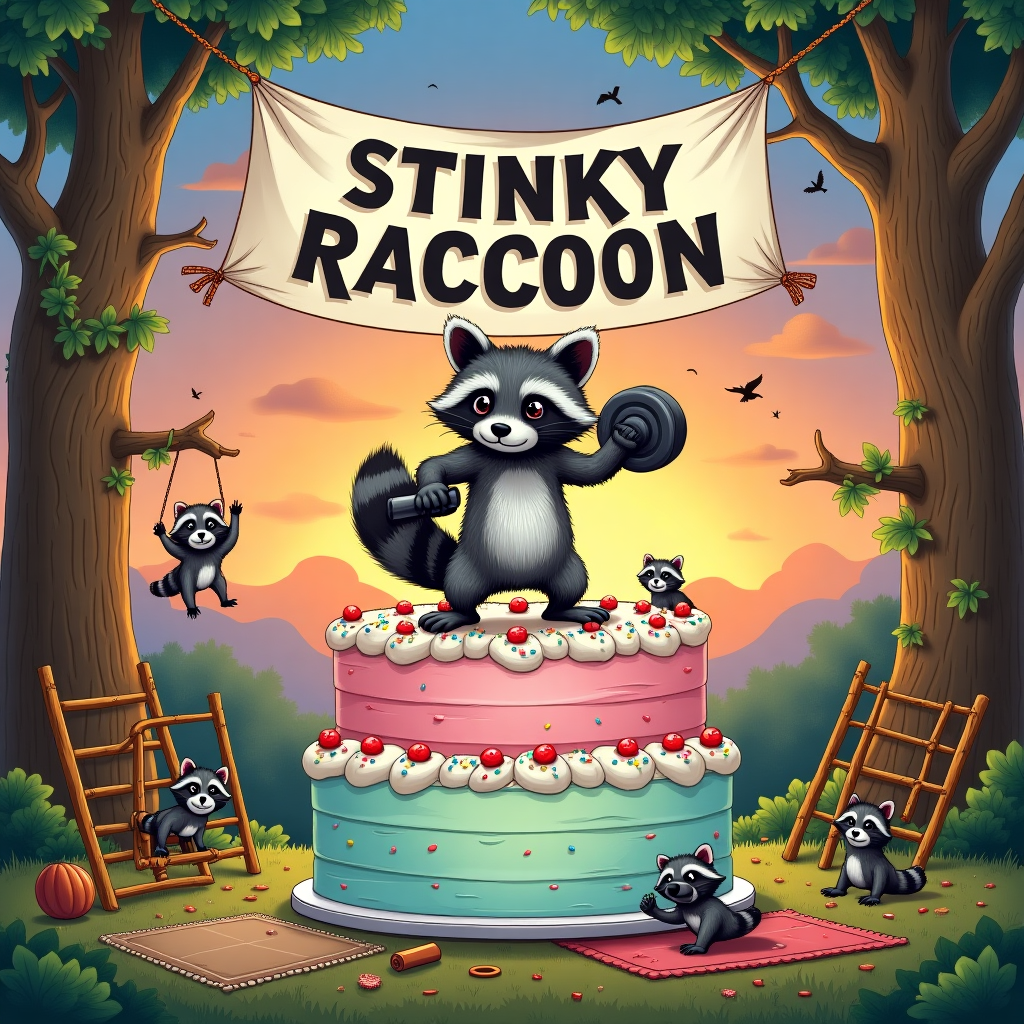 In the foreground of the scene, depict a mischievous raccoon lifting a dumbbell with one paw while balancing on a giant, triple-layered birthday cake adorned with frothy white frosting, colorful sprinkles, and cherries. The raccoon is detailed with realistic fur in shades of dark grey and white, with bright, curious eyes. Each layer of the cake is a different pastel color—pink, mint green, and sky blue. 

Surrounding the raccoon, place smaller raccoons, each engaging in various gym activities: one raccoon in a leotard is hanging from a tiny set of monkey bars made of pretzels, another is doing yoga on a frosting-draped yoga mat, and a third raccoon is attempting a chin-up on a cherry-topped pull-up bar.

Behind the cake, the background is filled with intricate details, reminiscent of an enchanted forest gymnasium. Trees with muscular, twisting trunks arch over the scene, their leaves a vibrant mix of emerald and lime green. Vines hang down, some supporting small, raccoon-sized gymnastic rings made from golden twine.

A large banner strung between two trees reads "Stinky Raccoon" in bold, swirling letters reminiscent of the style of Aubrey Beardsley. The banner is white with ink-black lettering, detailed with tiny leaf motifs, adding a touch of elegance and whimsy.

In the sky above, the sun sets in a Maxfield Parrish-style gradient, blending rich oranges, purples, and pinks, casting a warm, magical light over the scene. Fluffy clouds drift lazily, and a few birds are silhouetted against the sunset, adding to the depth and intricacy of the illustration.
Generated with these themes: Raccoons Gym Cake.
Made with ❤️ by AI.