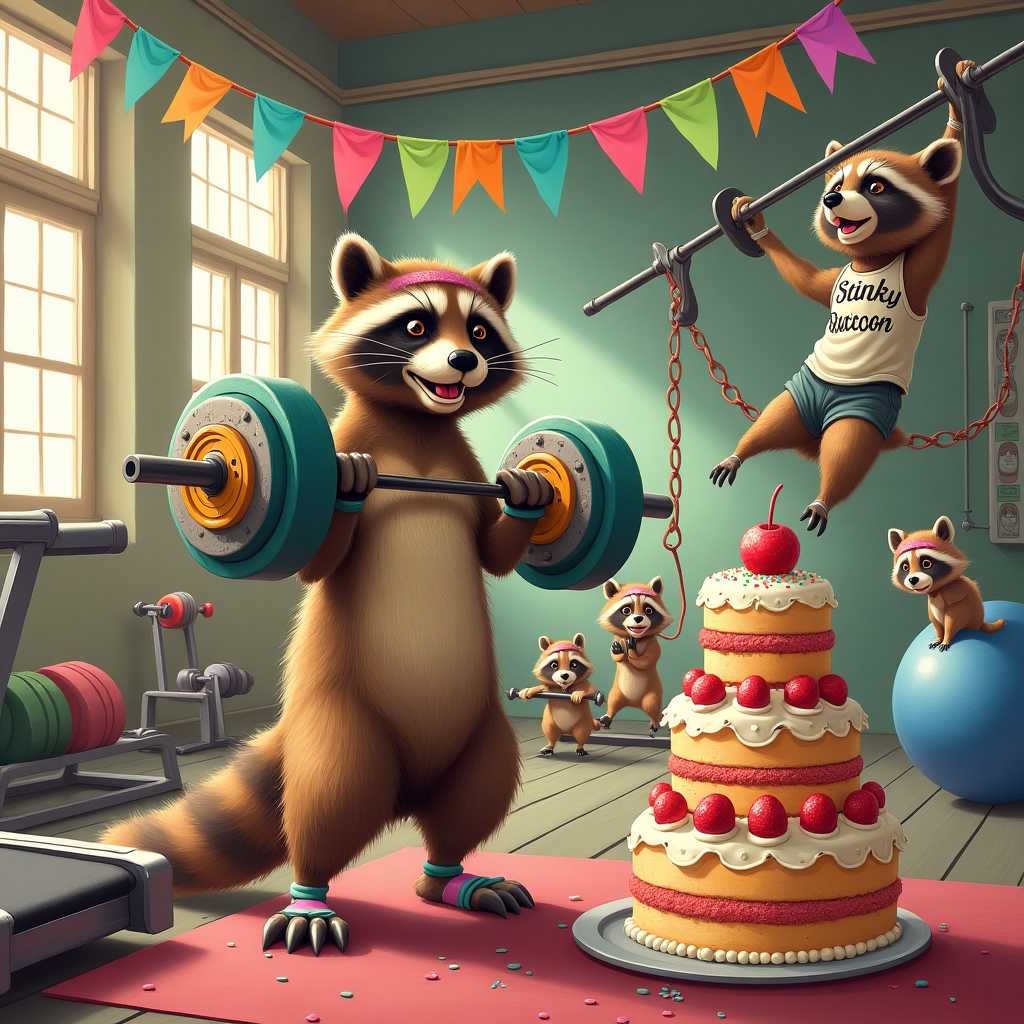 Imagine a vibrant, bustling gym setting where raccoons are the enthusiastic members, all set to celebrate a unique birthday. The gym is brimming with quirky, whimsical details, painted in the style of a playful Norman Rockwell mixed with Quentin Blake's whimsical flair. The scene is alive with details and rich colors, ranging from earthy browns and grays for the raccoons' fur to bold reds, blues, and greens of gym equipment.

In the center, a buff raccoon with a headband and sweatbands is holding a barbell, with weights shaped like slices of colorful, frosted cake. Each cake slice weight displays a different color – vibrant pink, sunny yellow, minty green, and lavender – and is topped with a cherry. Another raccoon in the background can be seen running on a treadmill, where the belt is moving on a line of cupcakes instead of a regular track.

To the right, a raccoon clad in a tank top featuring the phrase "Stinky Raccoon" is balancing on a large exercise ball decorated with sprinkles and icing, resembling a giant donut. Nearby, a raccoon hangs from a pull-up bar, doing chin-ups with a cheeky grin, while a raccoon trio in workout gear enjoys a tiered birthday cake on the gym's mat. The cake, elaborately detailed, sports layers in the same bright colors as the weights, with decorative icing and edible glitter.

The background features cartoonish gym equipment like kettlebells and dumbbells, with one bench press resembling a teetering tower of jelly-filled doughnuts. Overhead, a string of festive banners flutter, colored in alternating stripes of red and white, reminiscent of circus tents. In a nod to classic illustration styles, the gym's walls are adorned with intricate line art in the style of Aubrey Beardsley, depicting raccoons in various heroic poses.

The entire scene is illuminated by soft, warm lighting filtering through imaginary windows, casting gentle shadows and giving the setting a magical, almost storybook-like quality, fitting for a lively birthday celebration with a comical twist.
Generated with these themes: Raccoons Gym Cake.
Made with ❤️ by AI.