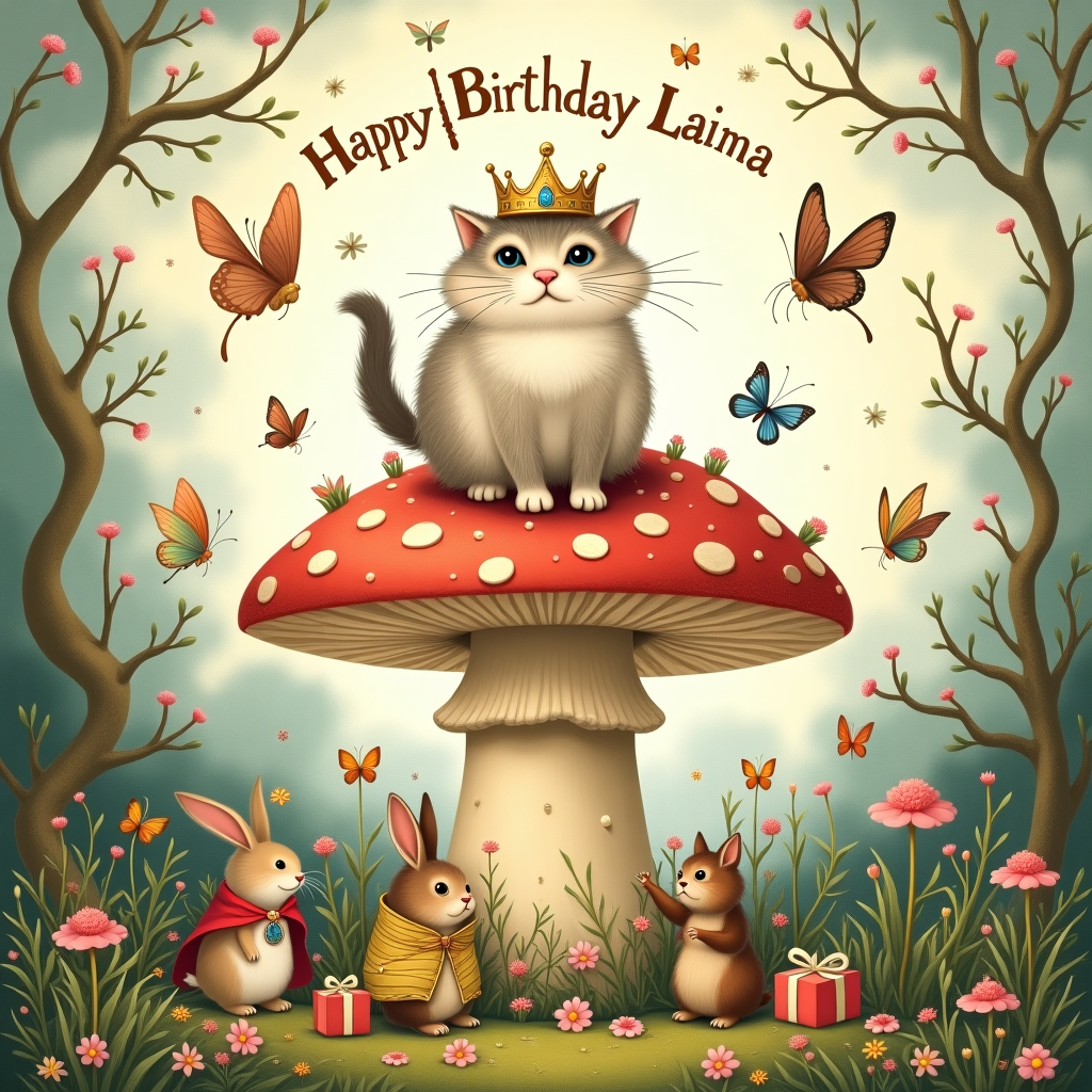 The scene unfolds in a whimsical, enchanted garden where the central character is an impossibly cute cat, with fur as soft and fluffy as a cloud. This feline is sitting atop a mushroom that towers over the scene like a whimsical throne. The cat wears a tiny, ornate crown adorned with sparkling jewels, reminiscent of the opulence in Maxfield Parrish's works. Around the base of the mushroom, a circle of adorable, miniature animals—a rabbit in a waistcoat, a hedgehog wearing a tiny monocle, and a squirrel with a flowing cape—are gathered, each with a small gift wrapped in colorful, Beatrix Potter-inspired papers. Above the scene, a flock of butterflies with wings that shimmer in iridescent hues spell out "Happy Birthday Laima" as they flit through the air, reminiscent of the playful chaos found in Quentin Blake's illustrations. In the background, the garden is a lush tapestry of twisting vines and delicate flowers, their forms slightly elongated in an Arthur Rackham-like style, creating a sense of depth and mystery. In the sky, wispy clouds form the subtle shape of Laima's name once again, adding an ethereal touch to the already magical scene. The whole illustration has a gentle, pastel color palette, with touches of gold and silver accents that catch the light, giving the card an enchanting, otherworldly glow.
Generated with these themes: Very very cute cat, and .
Made with ❤️ by AI.