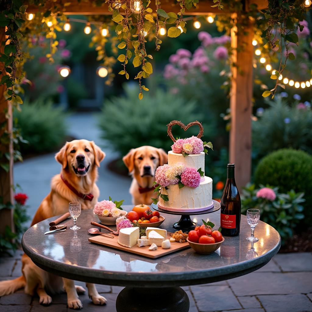 An elegant twilight dinner to express heartfelt thanks to Tricia & Daniel. The scene opens with a meticulously manicured garden with a path leading to a stone patio. At the center stands a round table with a glistening glass top, under a pergola intertwined with vines and twinkling lights. A centerpiece of pink and white hydrangeas anchors a spread of gourmet cheese, fresh garden tomatoes, and a chilled bottle of fine wine, next to an ornate cheese knife with a grapevine handle. Two golden retrievers with red heart-shaped name tags sit obediently next to a sign that reads 'Thank You, Tricia & Daniel,' scripted in golden letters against a midnight blue background. A two-tiered birthday cake graces the table, adorned with delicate icing hydrangeas and an elegant topper shaped like a vine-wrapped heart, reflecting the magical garden ambiance.
Generated with these themes: Golden retrievers, Wine, Heart shapes, Garden, Tomatoes, Cheese, and Hydrangeas.
Made with ❤️ by AI.