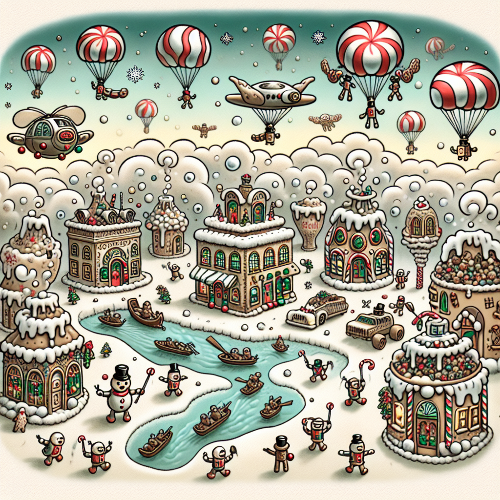 For the third variation, a dreamlike village where the houses are upside-down teapots steaming with hot cocoa sits under a cotton candy sky. A river of molten peppermint flows lazily by, as snowflake-shaped UFOs hover above. The festive bonk is a quirky contraption with candy cane levers that cheerful penguins operate with glee. A banner of ice cycles spells 'Merry Christmas!' overhead, flanked by an army of nutcrackers parachuting in.
Generated with these themes: bonk.
Made with ❤️ by AI.