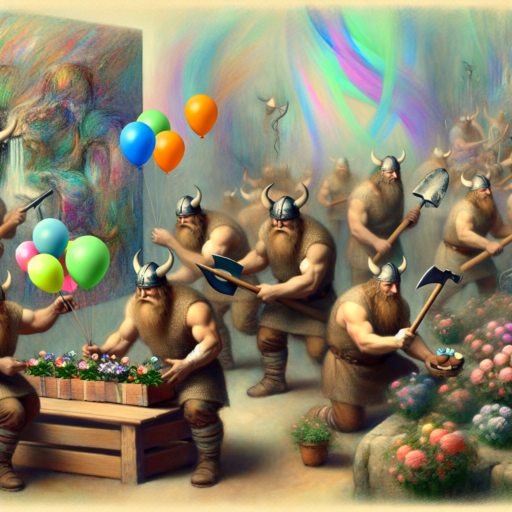 Imagine a dreamlike birthday environment where hefty Vikings of various descents, expressing gentle care, attend to garden beds overflowing with vibrant flowers. In one corner, witness a defining contrast as a canvas becomes animated with abstract brush strokes. This unconventional scene displays these fearless warriors, irrespective of their gender, swapping gardening tools as birthday presents under whimsical, floating balloons. The entire setting exudes a surreal blend of historical fierceness and contemporary gentleness.
Generated with these themes: Vikings, Gardening, and Painting.
Made with ❤️ by AI.