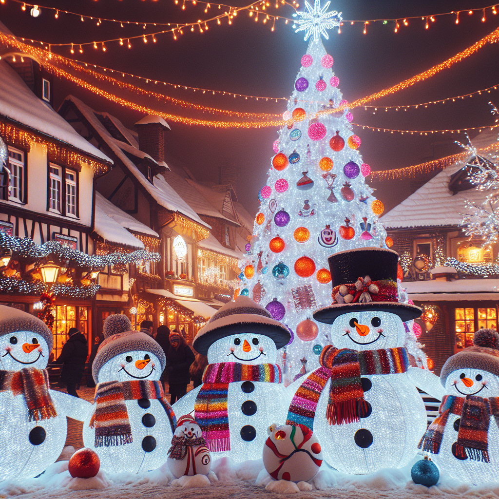A cozy village square scene where round, cheerful snowmen in colorful hats and scarves stand by a giant white Christmas tree adorned with sparkling ornaments. Above them, the phrase 'Happy Christmas' is strung across the top of the square with garlands and fairy lights.
Generated with these themes: White christmas.
Made with ❤️ by AI.
