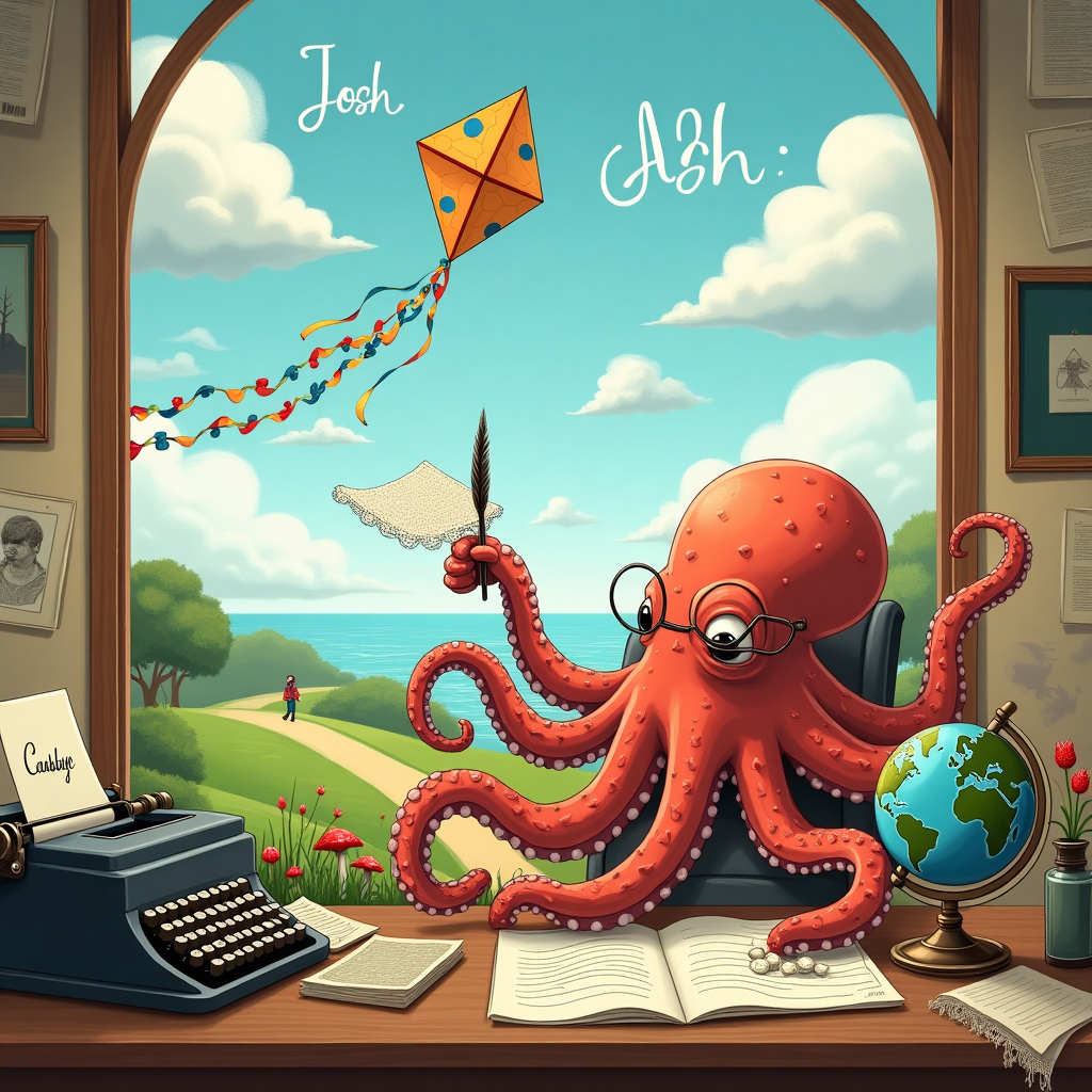 An octopus named International waving goodbye from an office to a boy in the distance obscured from full view Farewell Card