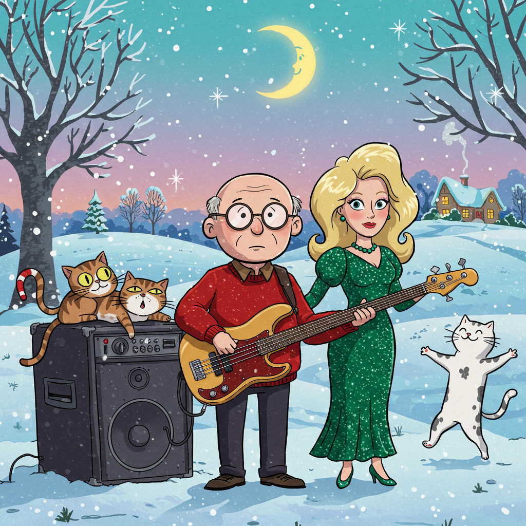 Front and center, an elderly bald man with round spectacles and a warm red sweater stands with an electric bass guitar in his hands. His glasses are large and round, reminiscent of Charles Schulz’s Peanuts style. He has an exaggerated, shiny bald head that glistens under a whimsical crescent moon in the sky. Beside him, a blond lady with a voluminous head of hair reminiscent of a Disney princess strums her own bass guitar. She wears a glittery emerald green dress that cascades down to her knees, sparkling like something straight out of a fairy tale.

To the left, a curious tabby cat, with fur in the pattern of a peppermint swirl, lounges atop an oversized speaker, its eyes wide and gleaming like those in Osamu Tezuka’s characters. On the right, another cat, this one pure white with spots resembling Christmas ornaments, dances on its hind legs with exaggerated feline elegance.

The background depicts a rolling countryside blanketed in a thick layer of snow, reminiscent of Winsor McCay’s dreamy landscapes. Bare winter trees, twisting and curling like those in a Tim Burton film, stand stark against the soft lavender sky that fades into a gentle teal near the horizon. Flakes of snow, large and almost comically round, gently drift down from above, creating a soft, speckled texture throughout the scene.

In the distance, a quaint, cartoonish cottage with a bright blue roof and a wreath on the door peeks out from behind a gentle hill, its windows glowing a warm golden yellow, inviting and cozy. Above, a scattering of twinkling stars and a smiling crescent moon add a touch of magic, their shapes crisp and clear like something from a Hergé comic.

The entire scene is enveloped in a cartoonish, exaggerated style, with bold outlines and vibrant colors, bringing together a whimsical and festive visual symphony.
Generated with these themes: Elderly bald man with glasses and blond lady playing bass guitars, Two cats, Countryside, and .
Made with ❤️ by AI.