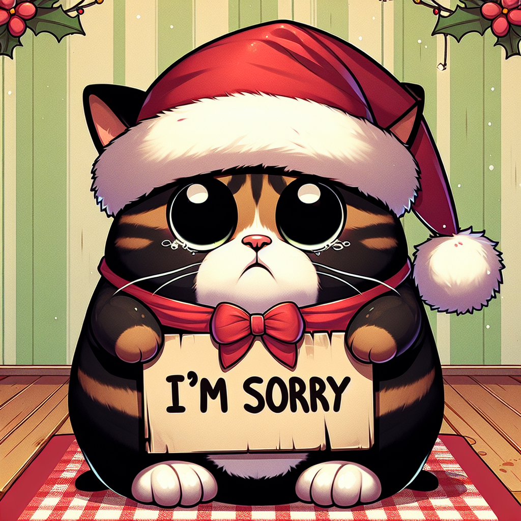 A charming cartoon scene unfolds, where a tubby black and brown coated cat sits amidst a festive Christmas backdrop. The cat's eyes are hidden by a whimsically oversized Santa hat that slips over its eyes, adding to the apology the adult cat seems to convey through its sheepish posture and a makeshift 'I'm sorry' sign hung around its neck.
.
Made with ❤️ by AI.
