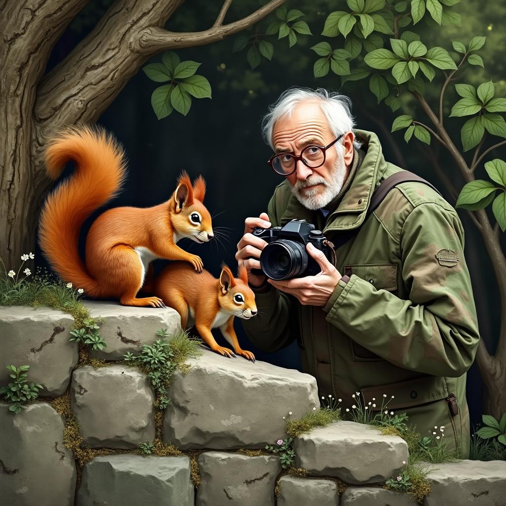 Presented is a meticulously detailed scene for artistic rendition. Central to this tableau are the red squirrels, their fur a rich, chestnut hue clashing delightfully against a stone wall they're ascending. The wall's texture is rough, with small patches of moss accentuating its aged appearance. Behind, an ensemble of trees provides a lush backdrop, their trunks thick and brown with some exhibiting a rough, plate-like bark, typical of oaks. Overhead, dense foliage is represented by leaves of varying shapes and shades, from emerald to forest green. Nestled discreetly amongst this verdant environment, an elderly, clean-shaven gentleman is depicted. He dons frameless, round glasses that bring attentive focus to his eyes. His camouflage clothing is an intricate patchwork of greens and browns, almost imperceptible against the woodland background. In his steady hands, he holds a sophisticated camera ready to immortalize the scene, its lens large and imposing, perfectly suited for his hidden observatory position.
Generated with these themes: Red squirrels on wall. Trees in background.elderly clean shaven photographe,round frameless glasses in camaflauge clothing.
Made with ❤️ by AI.