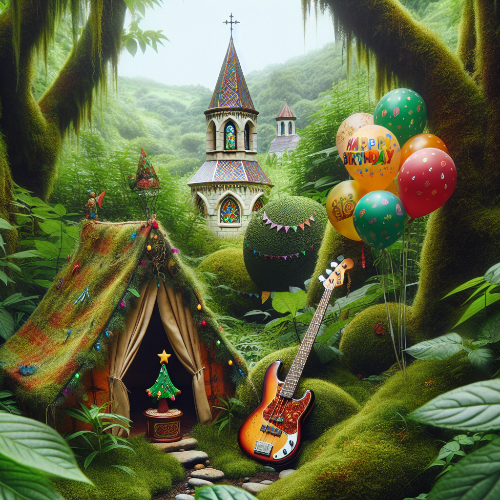 Create an image of a charming outdoor birthday setup. There's an enchanting, small tent enveloped by rich green vegetation, hinting at a delightful wild camping scenario. Adding to the celebratory atmosphere is a whimsical bass guitar adorned with colorful birthday balloons next to the tent. Through the dense greenery, one can see a quaint church with a cylindrical bell tower and vibrant stained glass windows, further contributing to the serene and spiritual aura of this unique birthday scenery.
Generated with these themes: Wild camping, Church, and Bass guitar .
Made with ❤️ by AI.
