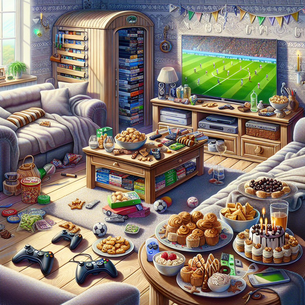 Illustrate a realistic and artfully detailed birthday scene set in a comfortable corner. The setting includes a plush couch with video game controllers and a collection of commonly recognized games stacked orderly on a coffee table, with a TV showcasing an exciting football match. A table replete with celebratory snacks offers a combination of health-conscious gym-approved choices alongside rich indulgences. Adjacent to it, a petite sauna emanates a gentle steam, exuding relaxation vibes. The walls are garnished with festive decorations, and an obscure scent suggestive of a relaxed gathering permeates the air.
Generated with these themes: Smoking marijuana, Video games, American football, Gym, Sauna, and Food.
Made with ❤️ by AI.