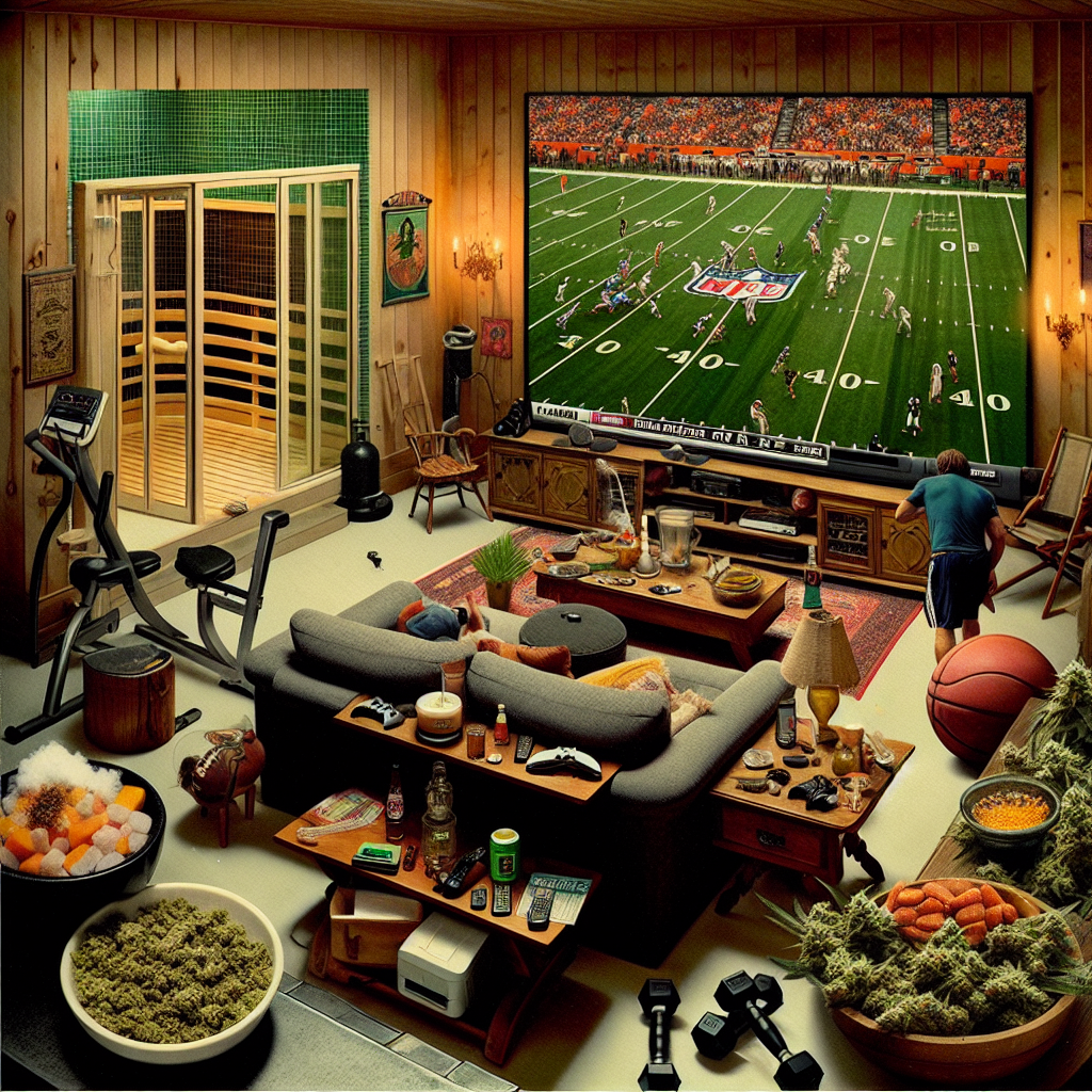 Visualize a convivial birthday setting in a cozy room filled with a unique blend of celebration accessories and homely sincerity. In this room, a humongous screen depicts a real-time American football match, drawing the attention of guests who are seen relaxing with video game accessories at their convenience. To one side of the room, assorted gym apparatus is carefully arranged, indicating an affinity for a vigorous lifestyle. A subtle whiff of cannabis is intermingled with the sound of boisterous laughter, marrying seamlessly with the scents arising from a bountiful array of both savory and sugary delights. In a far-off corner, the door of a wooden sauna remains partially open, promising a peaceful retreat from the merriment.
Generated with these themes: Smoking marijuana, Video games, American football, Gym, Sauna, and Food.
Made with ❤️ by AI.