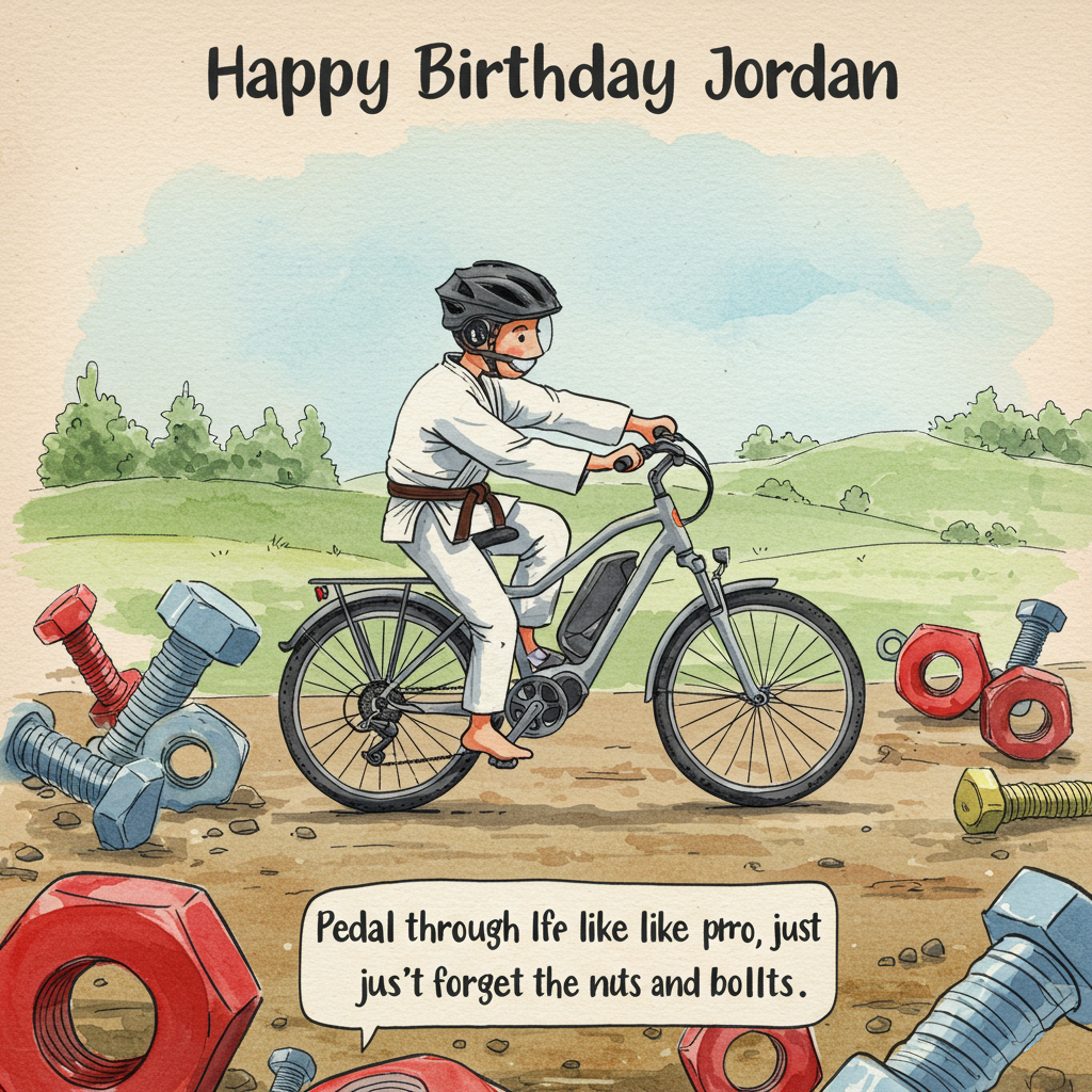 Electric bike, nuts and bolts, judo, and Birthday Card