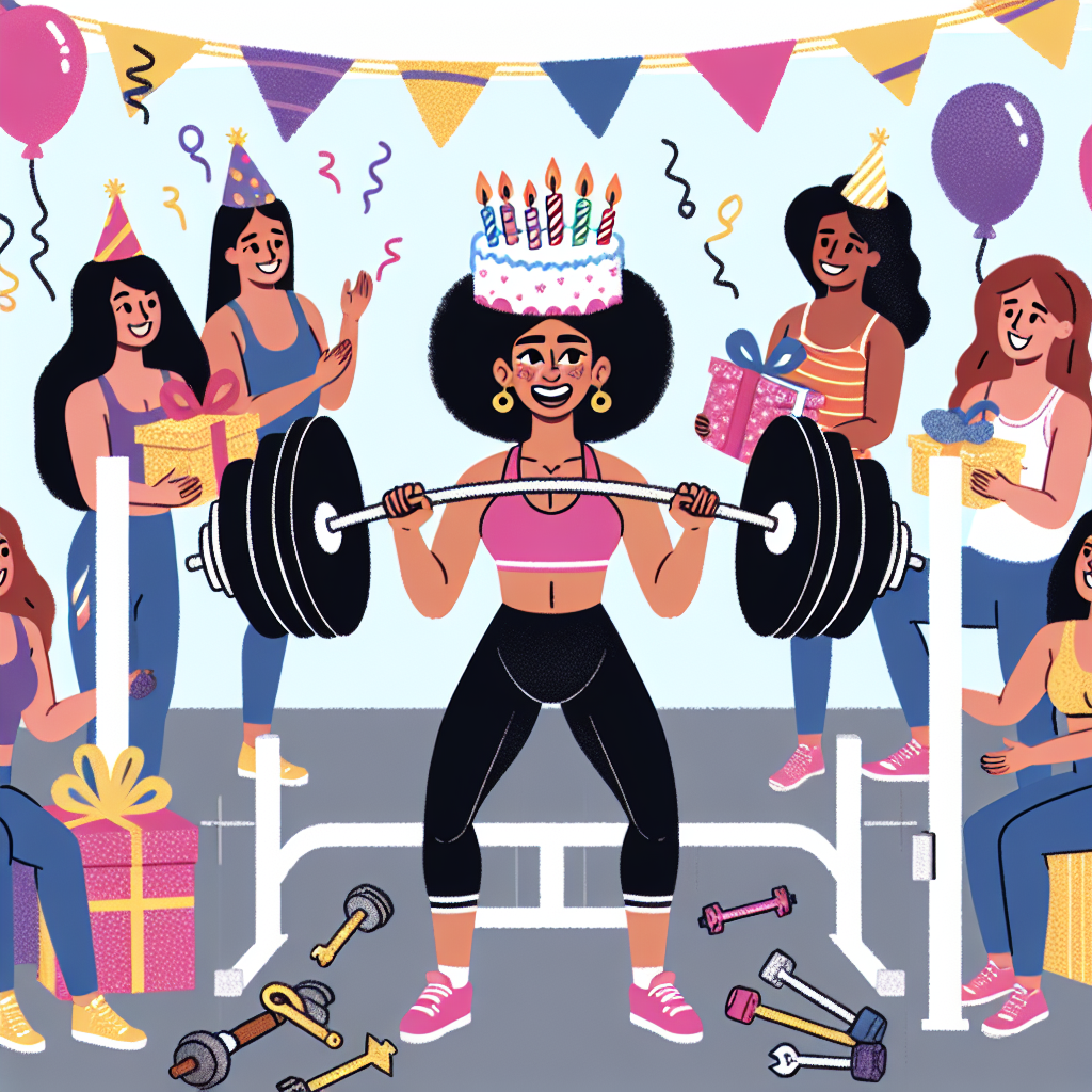 Create a playful illustration showing a group of women of differing descents including Hispanic, South Asian, Black, and Caucasian, all participating in a unique birthday celebration at a gym. The central figure, a Middle-Eastern woman, lifts a barbell playfully decorated with birthday candles in the place of weights, demonstrating her strength and the joy of the celebratory moment. In the background, her friends holding gifts wrapped in tool-patterned paper congratulate her, their gifts being symbols of their support for her healthy lifestyle and hobbies related to handiwork. Decorations including balloons and streamers trap the various gym equipment, cleverly marrying a jolly party atmosphere to the fitness environment.
Generated with these themes: Weight lifting, Healthy living, Women, and Tools.
Made with ❤️ by AI.