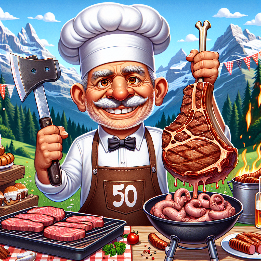 Create a humorous cartoon illustration of a birthday scene. The birthday celebrant, a Caucasian, clean-shaven 50-year-old man with grey, short hair and a button nose, is standing proudly in the center of the image, holding a tomahawk steak like a trophy. He is dressed in a chef's hat and apron, and positioned next to a sizzling barbecue grill full of delectable sausages and bacon. The surroundings are filled with elements that provoke laughter. Adding to the scenic charm, the backdrop features the magnificent Swiss Alps, giving a nod to beautiful Switzerland.
Generated with these themes: Clean shaven 50year old man, Grey short hair , Button nose, Tomahawk steak, Switzerland, Sausages, and Bacon.
Made with ❤️ by AI.