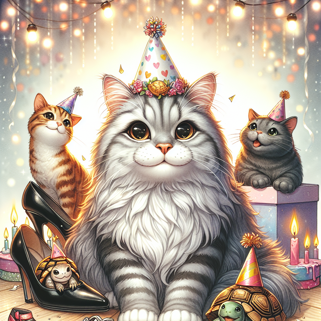 Illustrate an enchanting birthday-themed image featuring a grey tabby cat wearing a festive hat, seated in the center. Surrounding the tabby is a playful ginger cat with twinkling eyes, a mysterious black cat peeking through a pile of high heel shoes, and a calm white cat with a slight smile. Construct the background to glimmer with soft sparks, developing a fanciful ambience. Include a few content turtles wearing small party hats, contributing an unexpected and delightful spin to the charming gathering.
Generated with these themes: Grey tabby cat, Ginger cat, Black cat , White cat , High heel shoes , Turtles , and Sparkles.
Made with ❤️ by AI.