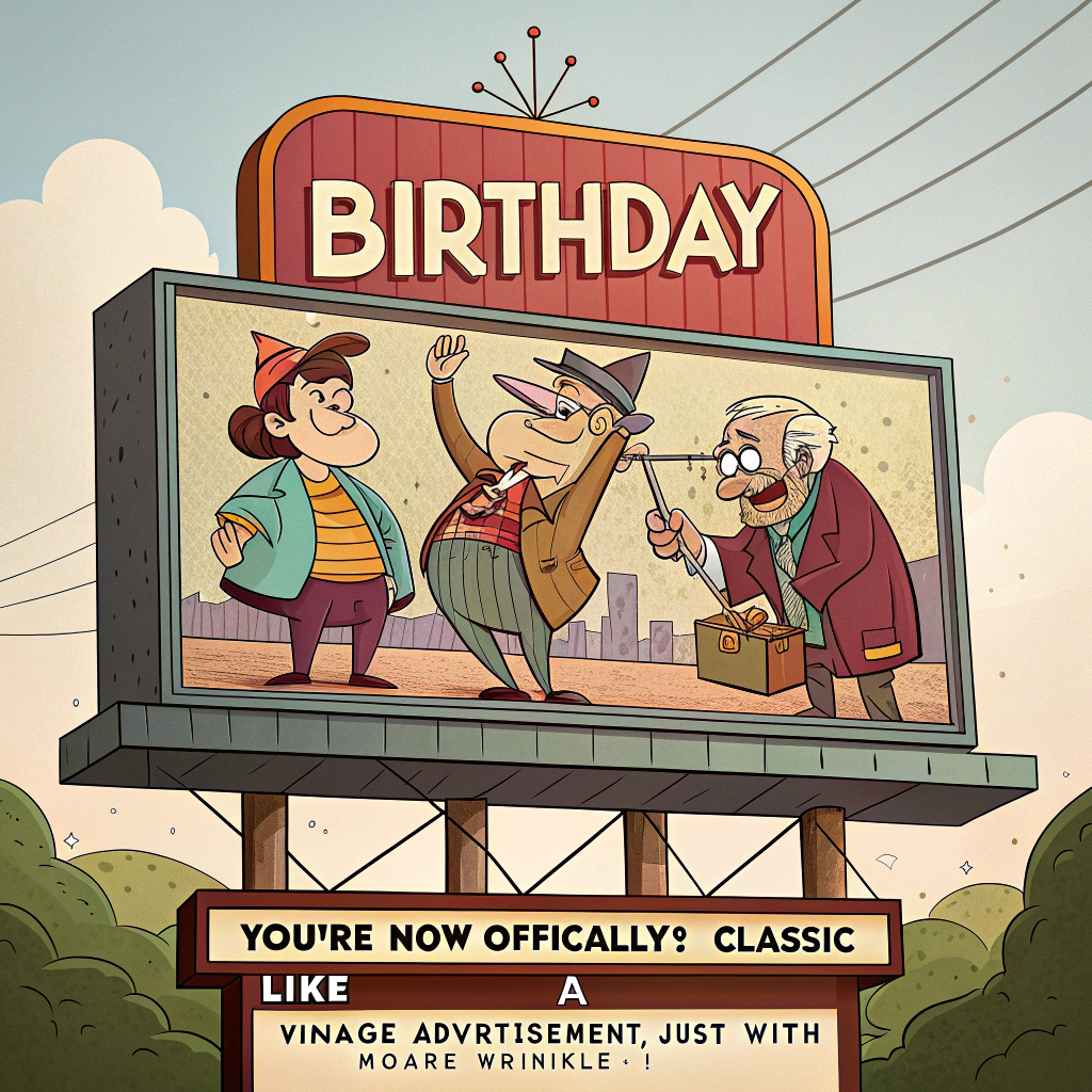 At the top of the image, "Happy Birthday":

   At the bottom of the image, "You're Now Officially a Classic – Like a Vintage Advertisement, Just With More Wrinkles!"

- Create a playful cartoon scene featuring an old-fashioned billboard with exaggerated, comical characters. The billboard showcases a vintage-style advertisement with vibrant colors and whimsical fonts, celebrating the birthday person as a "classic" with a touch of humor.
Generated with these themes: Advertising, and .
Made with ❤️ by AI.
