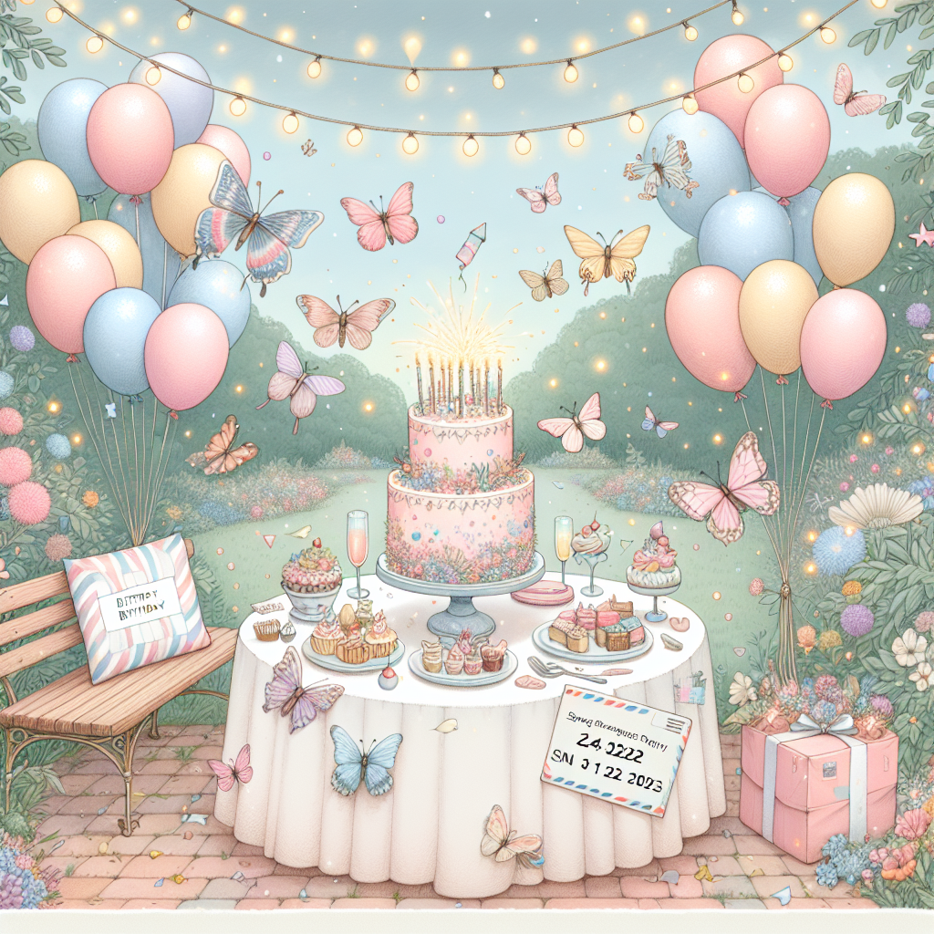 A charming card illustration showcasing a pastel-colored birthday party setup in a whimsical garden. Fluttering butterflies and birds surround a table laden with treats and a cake topped with sparklers. Balloons float up into the sky, intertwining with the string of lights that spell out '24th December 2023', while an envelope stamped 'SN1 3HA' rests on the bench.
Generated with these themes: 24th December 2023, and SN1 3HA.
Made with ❤️ by AI.