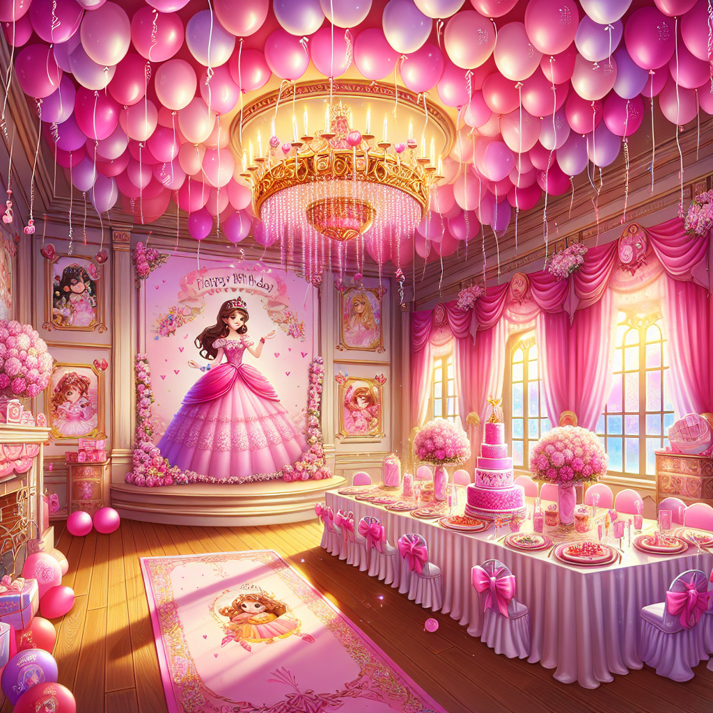 Depict a vibrant room filled with an array of hovering pink balloons near the ceiling, casting a warm glow over the setting. A large banner, adorned with intricate designs and displaying an image of a princess, gracefully watches over the room. Fill the space with the sweet aroma of vanilla emanating from a magnificent pink birthday cake set on a satin-finished table. Include intricate details ranging from balloon bouquets to princess-themed party favors. The scene should radiate a realistic and enchanting birthday atmosphere.
Generated with these themes: Balloons, Princess, and Pink.
Made with ❤️ by AI.