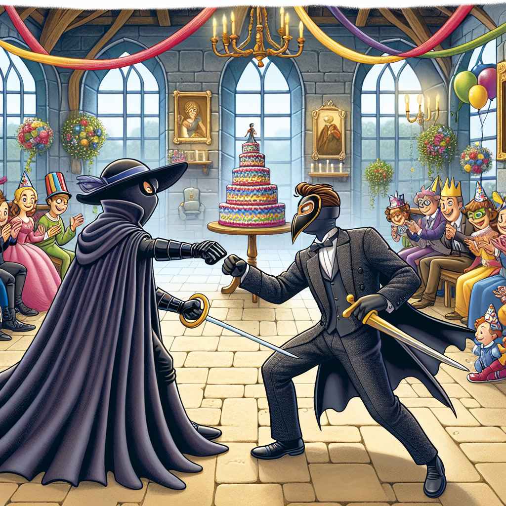 In this delightful illustration of a cartoon-themed birthday party, an imaginative medieval court serves as the setting for a spirited pretend fight between a masked vigilante, garbed in a dark, flowing cape and a mysterious agent, dressed in a stylish suit. The vigilante and agent, surrounded by party guests in festive attire, exchange amicable strikes, filling the atmosphere with joy and excitement. The austere court setting is mellowed by colorful streamers and clusters of balloons, instilling a festive ambiance to this one-of-a-kind party. A multi-tiered birthday cake stands nearby, awaiting the conclusion of the playful duel.
Generated with these themes: Batman fighting James bond, Party, and Court.
Made with ❤️ by AI.