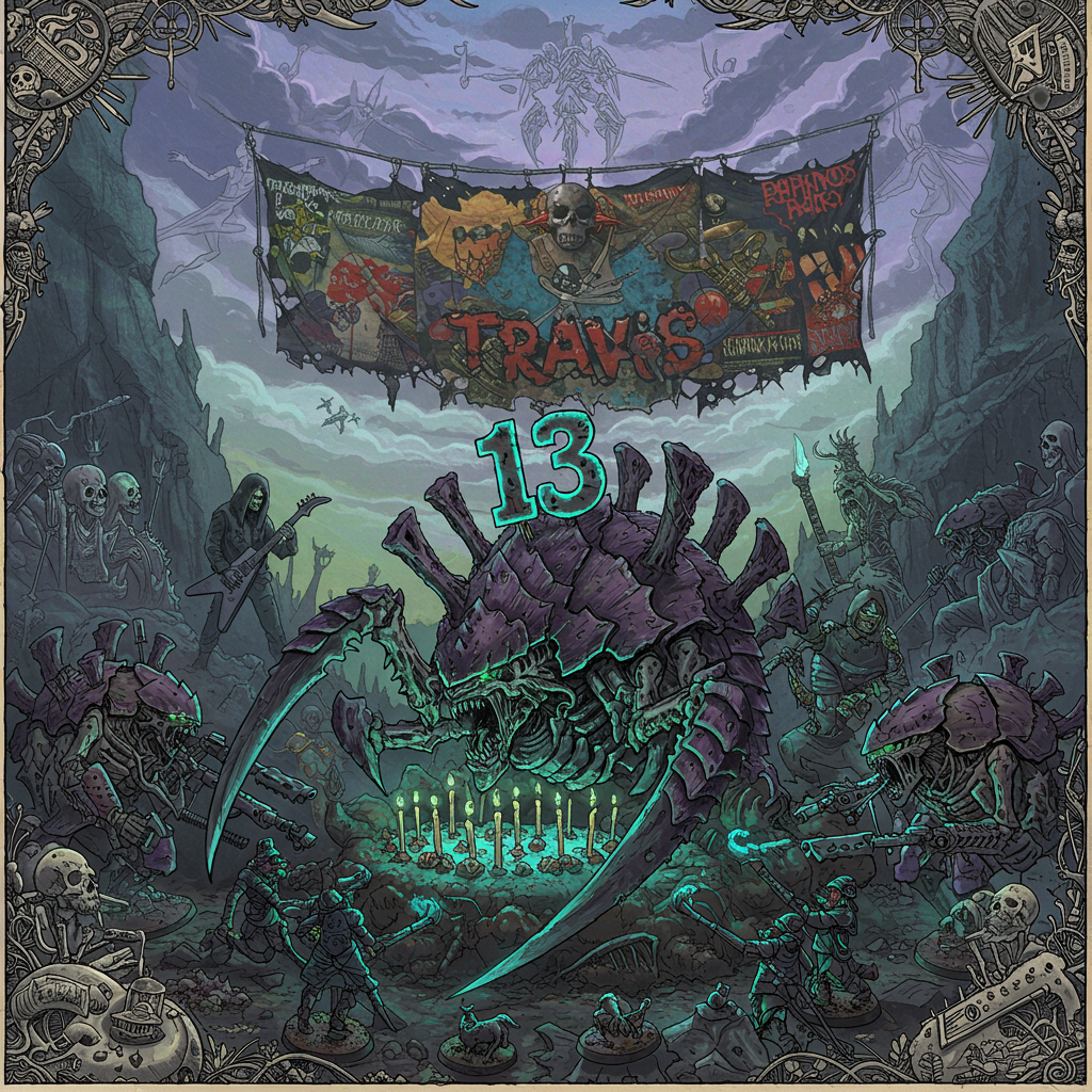The scene is a fantastical birthday celebration set in an otherworldly realm where the organic and the mechanical intertwine. In the foreground, there's a large, intricately detailed birthday cake in the shape of a Tyranid creature, with chitinous plates made of dark chocolate and bioluminescent icing that glows a vivid electric blue, like Lorna Shore's album covers. Atop the cake, the number "13" is crafted from metallic spikes resembling Slipknot's iconic masks, painted in a reflective gunmetal gray.

Surrounding the cake, several Warhammer Tyranid figures stand as if in a concert mosh pit. These creatures are intricately illustrated with sinewy limbs and serrated exoskeletons, painted in a mix of bone white and deep purple hues, akin to the color palettes favored by Gustave Doré. Their eyes glow with an eerie neon green.

In the background, an immense banner hangs suspended between two jagged cliffs. The banner is made from a patchwork of concert flyers and album covers from Machine Head and Slipknot, with a weathered, vintage look that pays homage to Edward Gorey. Bold, graffiti-style letters spell out "Travis" across the banner in blood red.

Above, the sky swirls with abstract cloud formations reminiscent of Maxfield Parrish's work, painted in shades of twilight violet and midnight blue. Among the clouds, ethereal, translucent figures inspired by Aubrey Beardsley's line work dance to an unheard metal symphony.

Around the edges of the scene, delicate pen-and-ink illustrations echo Quentin Blake's lively strokes, depicting guitars with strings of silver and drums that resemble giant, ornate beetles from a Maurice Sendak story.

This birthday scene is a fusion of surreal fantasy, detailed craftsmanship, and thematic elements that tie together the love for Warhammer Tyranids and metal music, all brought to life with a rich tapestry of colors and meticulous artistry.
Generated with these themes: 13 today, Warhammer Tyranids, Metal music, Slipknot, Machine head, and Lorna shore.
Made with ❤️ by AI.