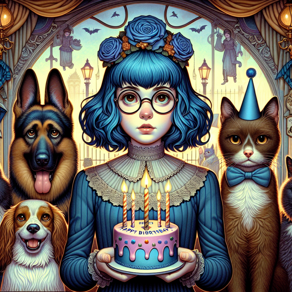 Tim burton, Blue haired, brown eyed girl with glasses, German shepered, brown springer spaniel and tuxedo cat, and Design Birthday Card