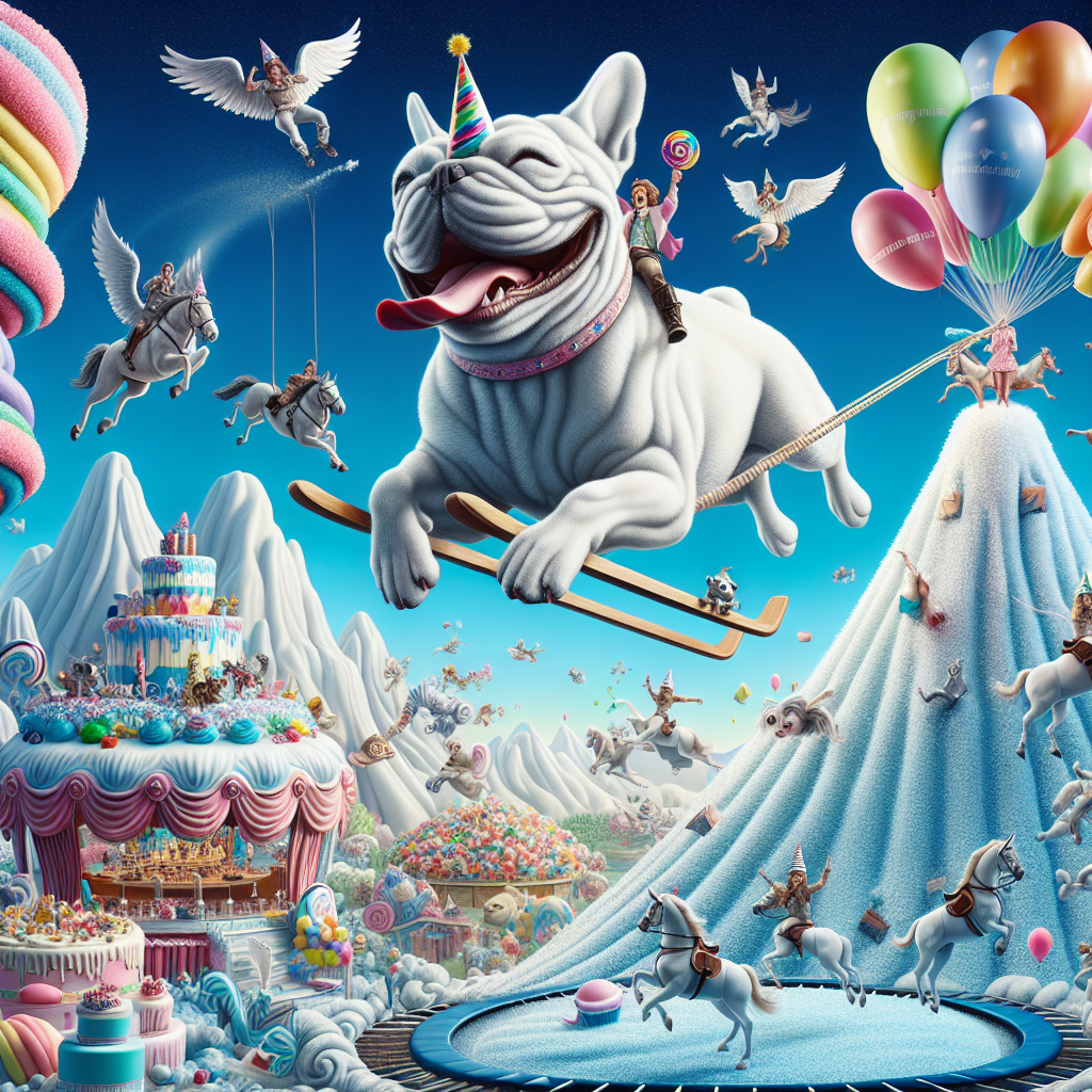 Visualize an outlandish birthday dimension where the principles of physics are gleefully defied. Dominating the scenery is a vast, whimsical birthday confection shaped into a mountain, presenting an invitation for party-goers to ski down its sugar-coated inclines. In close proximity, an enormous white French Bulldog, embellished with vibrant party hats, laughs heartily as it bounds on a hefty trampoline, propelling social media-inspired balloons into a deep blue sky. Above, animated equines furnished with wings take flight, their riders merrily twirling lassos that metamorphose into streamers, combining equestrianism with the exhilaration of flight.
Generated with these themes: Horse riding, Skiing, White French Bulldog, TikTok, and Trampolining.
Made with ❤️ by AI.