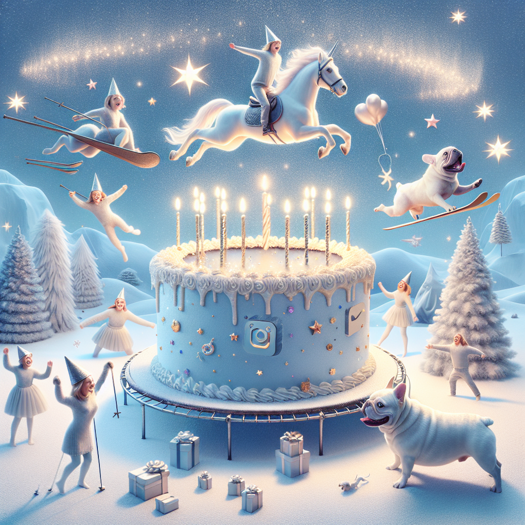 In this dreamlike birthday celebration, whimsical characters animate gently across a snowy landscape that morphs into a giant birthday cake, laughing as they transition from skiing to horseback riding on mythical steeds. Shimmering generic social media icons twinkle like stars above, guiding the party, while a cheerful white French Bulldog performs acrobatic leaps on a trampoline, its barks releasing showers of confetti. Every jump and ride fuels the energy of this surreal joyous occasion, generating an unforgettable tapestry of spirited enjoyment.
Generated with these themes: Horse riding, Skiing, White French Bulldog, TikTok, and Trampolining.
Made with ❤️ by AI.