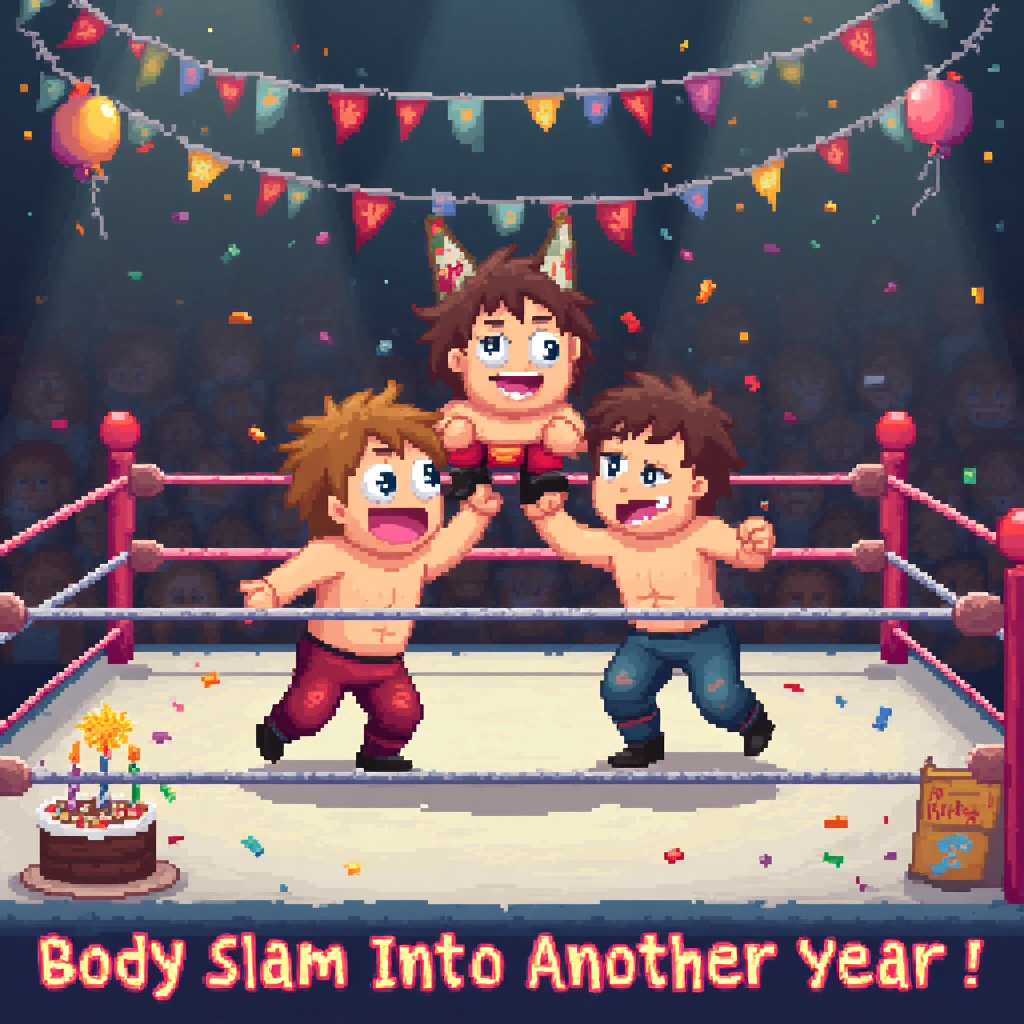 ### Prompt for Image:

Create a cute pixel art scene depicting a wrestling ring filled with adorable, chibi-style wrestlers in brightly colored outfits. Each wrestler should have a distinct, exaggerated expression—think smiling, determined, or even playfully surprised. One wrestler is playfully tossing another into the air, with pixelated confetti and balloons floating around to emphasize the birthday celebration theme. 

In the background, include a small pixelated audience with tiny smiling faces and colorful banners. Add a pixel art birthday cake sitting at ringside, topped with candles and sparklers. Use a vibrant, nostalgic 8-bit color palette to give the scene a lively and cheerful feel.

Incorporate a playful text caption at the bottom of the image that reads: "Body Slam Into Another Year!"
Generated with these themes: Wrestling, and .
Made with ❤️ by AI.
