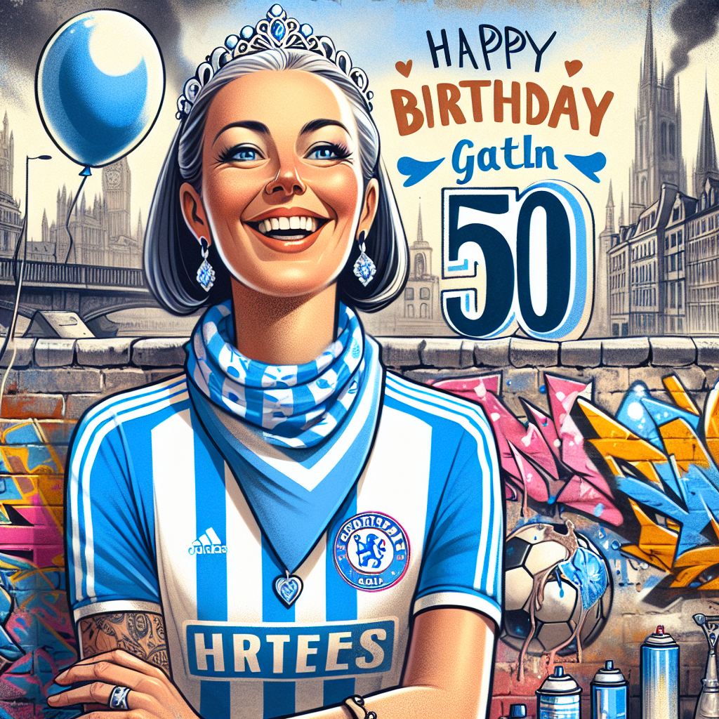 Create a whimsical 50th Birthday illustration featuring a caricature of a Caucasian woman radiantly smiling, dressed in blue and white gear signifying a popular soccer team. Place this against a backdrop of urban graffiti, embodying boldness, liveliness, and subversion, reminiscent of the street art movement of the late 20th century, created primarily with spray cans. Include festive elements like balloons and a banner to celebrate this milestone with a vibrant, youthful ambiance. Maintain a subjective interpretation of the style without infringing on anyone's intellectual property.
Generated with these themes: 50th Birthday , Woman, Tottenham Hotspur, and Banksy.
Made with ❤️ by AI.