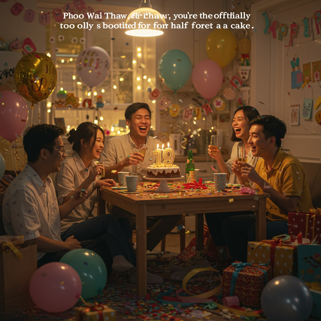 At the top of the realistic photograph image, “Phoo Wai Thaw, you’re officially too old for half a cake!”

A cozy, softly lit birthday party scene in a real home setting, decorated with pastel streamers and fairy lights. In the center of the photo is a small group of friends laughing around a kitchen table, a cake topped with a giant gold “19” candle glowing gently. There’s a playful black cat pawing at a balloon string on the floor. Confetti is scattered everywhere, and a slice of cake has already mysteriously vanished. A handwritten “Happy Birthday” card peeks out from a gift pile, and one friend is mid-cheeky toast, holding a drink and laughing. The entire image exudes warmth, realness, and birthday mischief.
Generated with these themes: 19th birthday Party.
Made with ❤️ by AI.