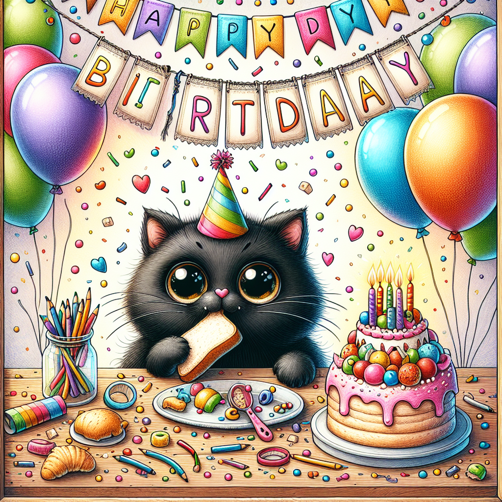 Create an illustration with a whimsical representation of a birthday celebration. At the center of the scene, place an adorable black cat with wide, captivating eyes, joyously eating a piece of bread. Surround this content cat with lively decorations such as rainbow-hued balloons, confetti, and a handmade sign that announces 'Happy Birthday!'. Behind the cat, envision a table laden with assorted birthday treats with an especially ostentatious cake drawing the most attention.
Generated with these themes: Black cat eating bread.
Made with ❤️ by AI.