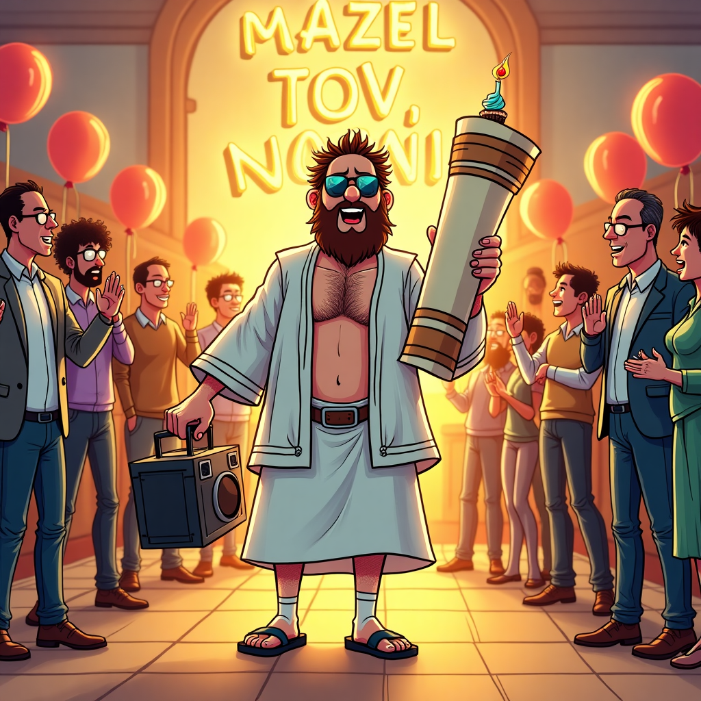 At the top of the cartoon image: "Naomi, this year your birthday’s so hot even the Rabbi had to take off his tallit!"

**Prompt for the image:**
A hilarious cartoon scene of a charismatic, fashionably hip rabbi with steamy sunglasses, chest hair peeking out from his half-open robe, and socks-with-sandals confidently strutting through a disco-lit synagogue. Behind him, birthday balloons spell out "Mazel Tov, Naomi!" as party-goers cheer and laugh. One hand holds a Torah scroll like a boom box, while the other holds a cupcake with birthday candles. The atmosphere is warm, fun, and wildly unexpected — a perfect mashup of tradition and birthday party vibes with a sizzling sense of humor.
Generated with these themes: hot rabbi.
Made with ❤️ by AI.