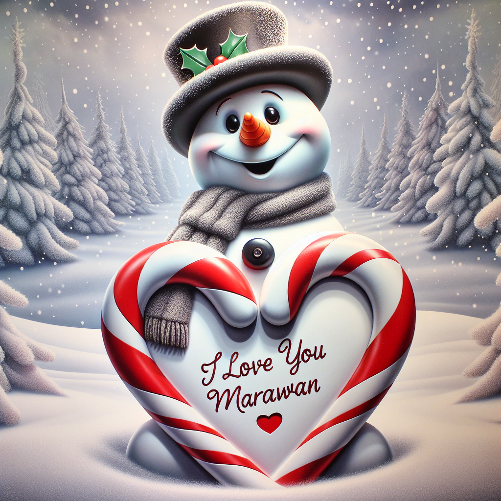 A snowy landscape where a cheerful snowman holds a candy cane heart, the heart inscribed with 'I love you Marawan'. The snowman wears a scarf and top hat, with a backdrop of softly falling snowflakes.
Generated with these themes: I love you.  Marawan.
Made with ❤️ by AI.
