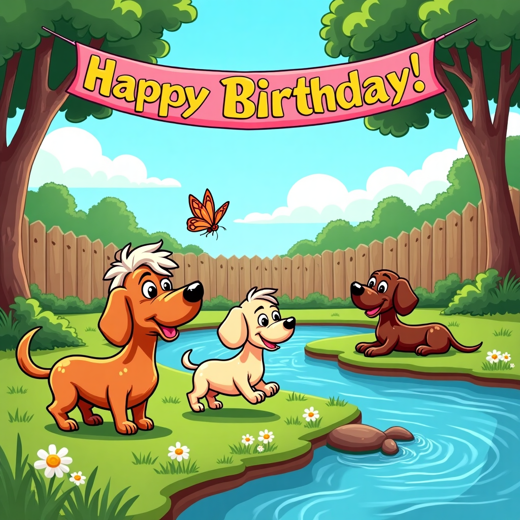The scene bursts to life in a vivid, cartoon style reminiscent of classic Sunday comic strips. In the foreground, three whimsical dachshunds frolic in an idyllic backyard, each with its own unique characteristics. The elderly blonde dachshund sports a charmingly overgrown tuft of hair on its head, resembling a quirky old gentleman. Its coat is a sunny shade of wheat, peppered with endearing age spots, giving it a distinguished look. 

Next to it, the young cream dachshund is depicted in a playful leap, its short, smooth fur catching the sunlight in a soft, buttery hue. Its ears are perked up, resembling little wings as it joyfully pounces, ready to chase after a colorful butterfly fluttering just above.

The third dachshund, a young chocolatey brown one, is slightly portlier, its rich cocoa fur glistening as it lounges contentedly on a patch of grass. Its tail is mid-wag, and a small, humorous splash of mud on its nose hints at a recent playful escapade by the nearby creek.

The background is a delightful tapestry of bright, primary colors. A gentle, azure creek meanders through the scene, its surface reflecting the cerulean sky and fluffy, marshmallow-like clouds above. The creek is flanked by lush, emerald grass dotted with cheerful daisies and dandelions. 

Above the scene, a vibrant banner stretches across the sky in bold, friendly letters: "Happy Birthday!" The text is designed with playful, exaggerated curves and a rainbow gradient, echoing the whimsy and energy of the dachshunds below.

In the distance, a wooden fence painted in pastel shades encloses the yard, adding to the cozy, idyllic feel of the setting. A few stylized trees, with thick, olive-green foliage and twisting trunks, frame the scene, their leaves playfully rustling as if caught in a gentle breeze.

The entire composition, with its exaggerated features and vivid colors, pays homage to the whimsical styles of Schulz, Watterson, and Tezuka, creating a lively and memorable birthday card cover.
Generated with these themes: Three dachshunds in an idyllic backyard with a creek. One of the dachshunds is elderly and blonde, one is young and cream, and the third is chocolatey brown and young. The card says “Happy Birthday!”.
Made with ❤️ by AI.
