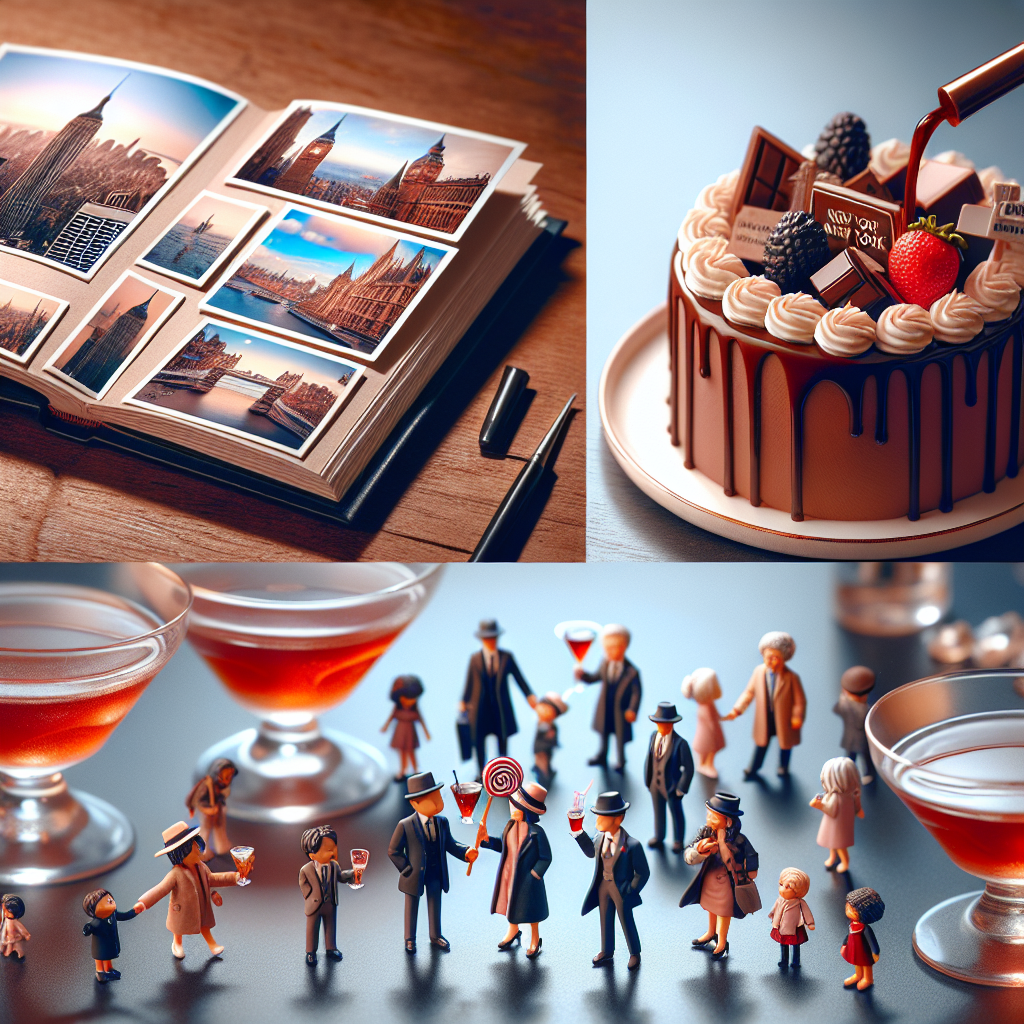 Create an image of a farewell scene set in an ambient room filled with the aroma of a chocolate cake. Depict an album open, showcasing snapshots reflecting New York's energy and London's elegance. Also, include the visualization of cocktail glasses being clinked together for a final toast. Surrounding these elements should be several adorable, lifelike miniature figures depicting diverse memories of shared experiences.
Generated with these themes: Chocolate cake, Photos, New York, London, and Cocktails.
Made with ❤️ by AI.