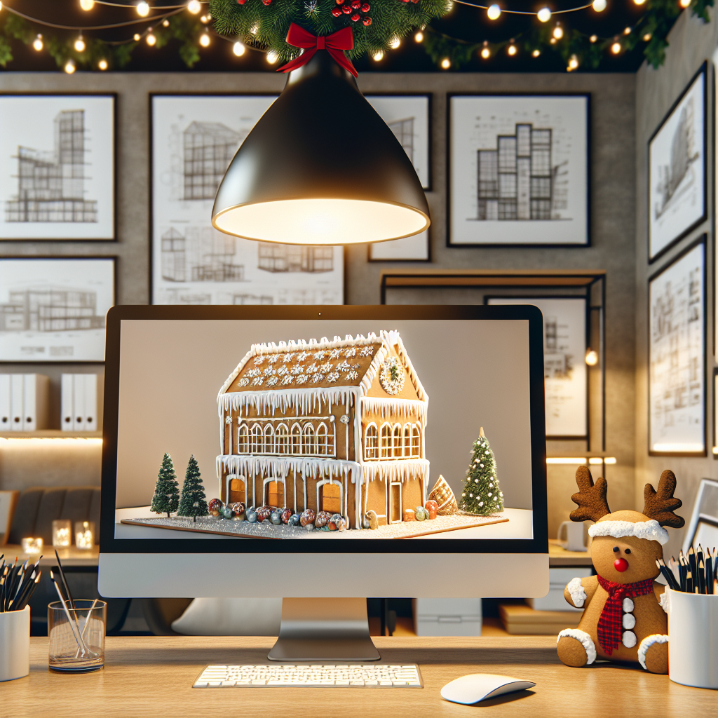 A charming architecture office is the setting for a Christmas party, complete with a gingerbread model of a famous landmark on the desk. Mistletoe hangs from the ceiling light, and architectural drawings have festive doodles on the margins. A cute reindeer figurine sits beside a computer screen that displays the phrase 'Merry Christmas and Happy New Year'.
Generated with these themes: Architecture Office.
Made with ❤️ by AI.