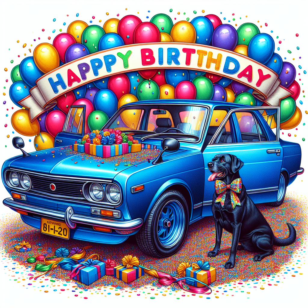 Bright blue datsun and his black labrador Birthday Card