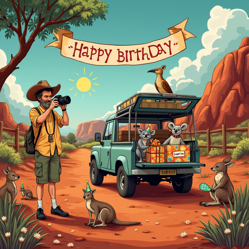 In the bustling heart of the Australian outback, Uncle Bruce stands front and center with his trusted camera hanging around his neck. Picture a lively scene bursting with vibrant hues of red and orange that dominate the rugged terrain. To his left, a mob of kangaroos wearing party hats bounces cheerfully, and to his right, a koala clings to a eucalyptus tree, holding a balloon in its paw. Uncle Bruce, donned in a classic wide-brimmed Akubra hat and khaki cargo shorts, is caught in mid-snap, aiming his camera at a laughing kookaburra perched on a wooden fence post, which is humorously photobombing a family of quokkas who are trying to pose with a “Happy Birthday” banner.

In the background, an old-school off-road vehicle is parked haphazardly, with an open tailgate revealing a treasure trove of birthday presents wrapped in boomerang and didgeridoo patterned paper. Among the gifts, a prominent box displays a large “Surprise!” tag. Dotted across the scene are hints of Australian flora – blooming wildflowers, shrubs, and the iconic silhouette of a distant Uluru (Ayers Rock) under a brilliantly blue sky speckled with fluffy white clouds.

Above it all, a large, colorful, hand-lettered banner stretches across the top of the card, proclaiming, “Happy Birthday from Down Under!” The sun beams down on the whole quirky ensemble, giving it a lively, sun-kissed glow. The detail is intricate, capturing the essence of each character and element with a blend of whimsical cartoon exaggeration and rich, textured colors, making it a feast for the eyes and a delightful celebration of a uniquely Australian birthday bash.
Generated with these themes: Australia uncle photographer .
Made with ❤️ by AI.